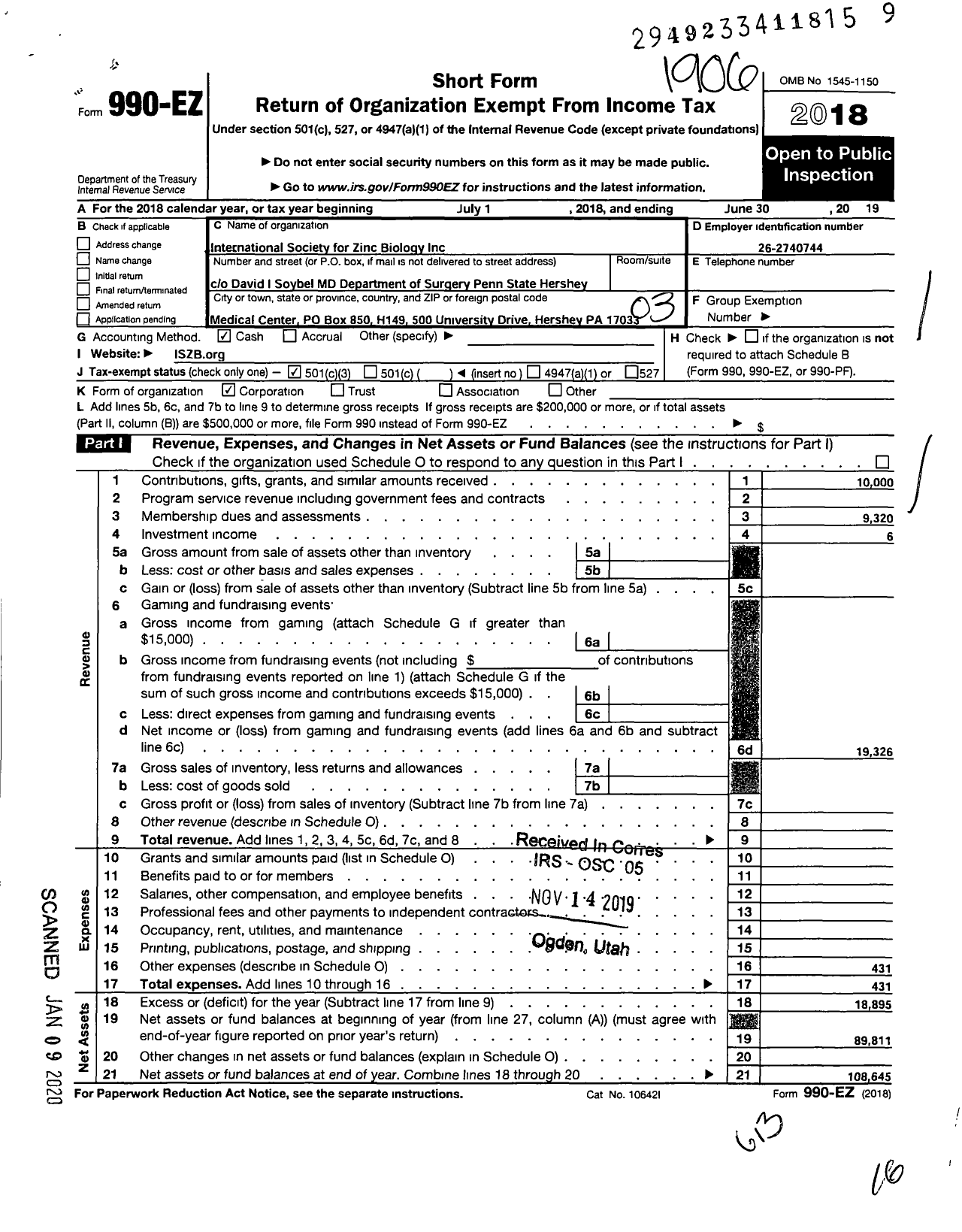 Image of first page of 2018 Form 990EZ for International Society for Zinc Biology