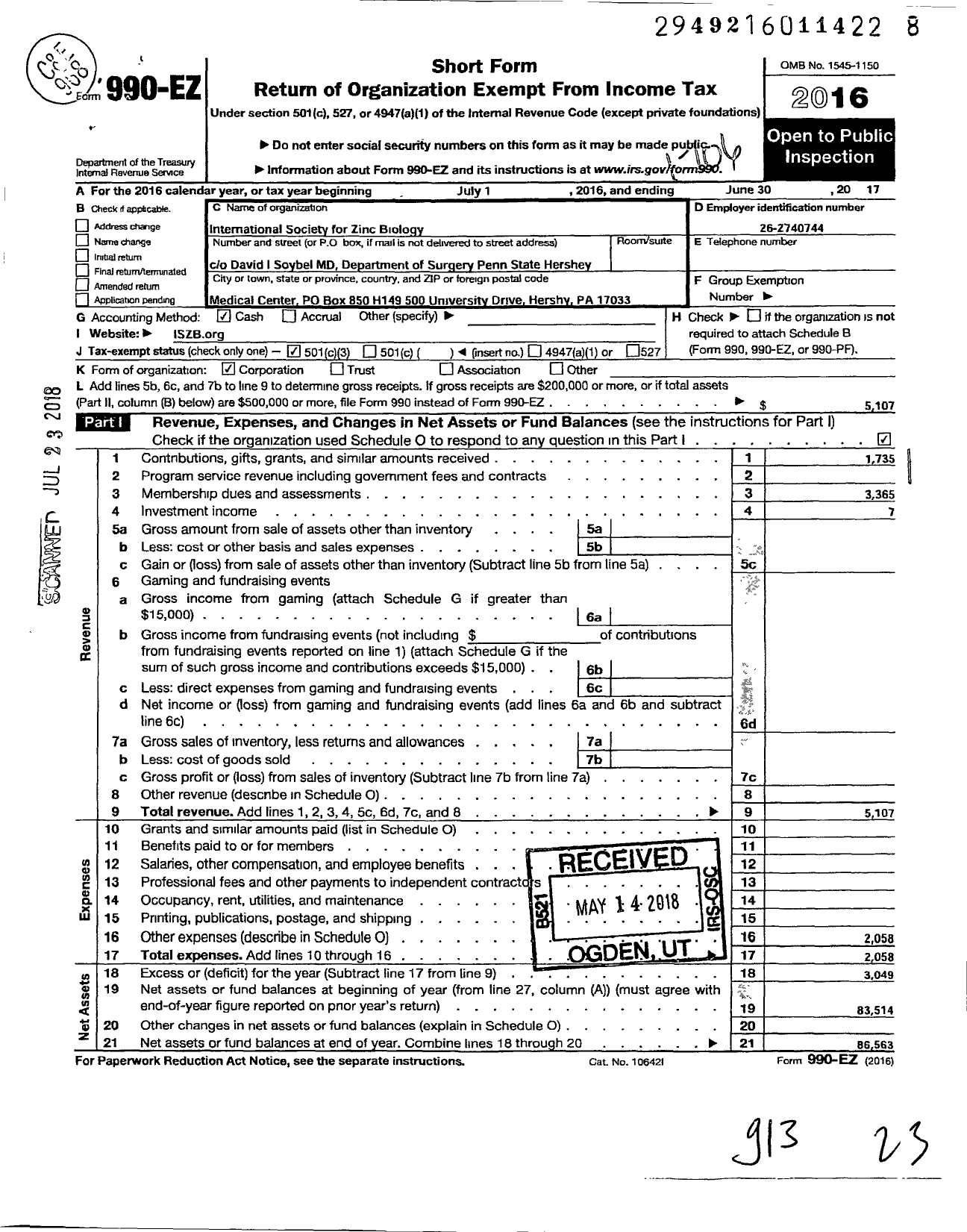 Image of first page of 2016 Form 990EZ for International Society for Zinc Biology