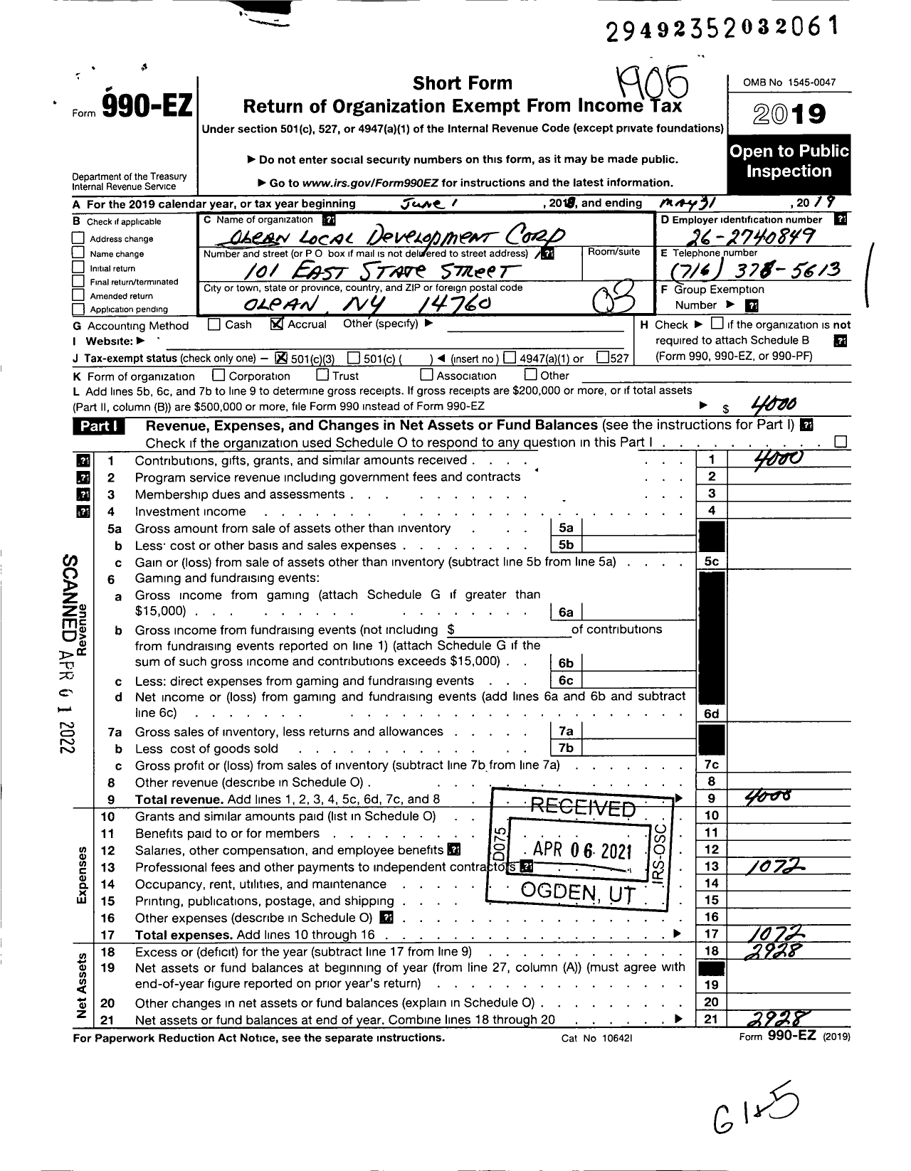 Image of first page of 2018 Form 990EZ for Olean Local Development Corporation