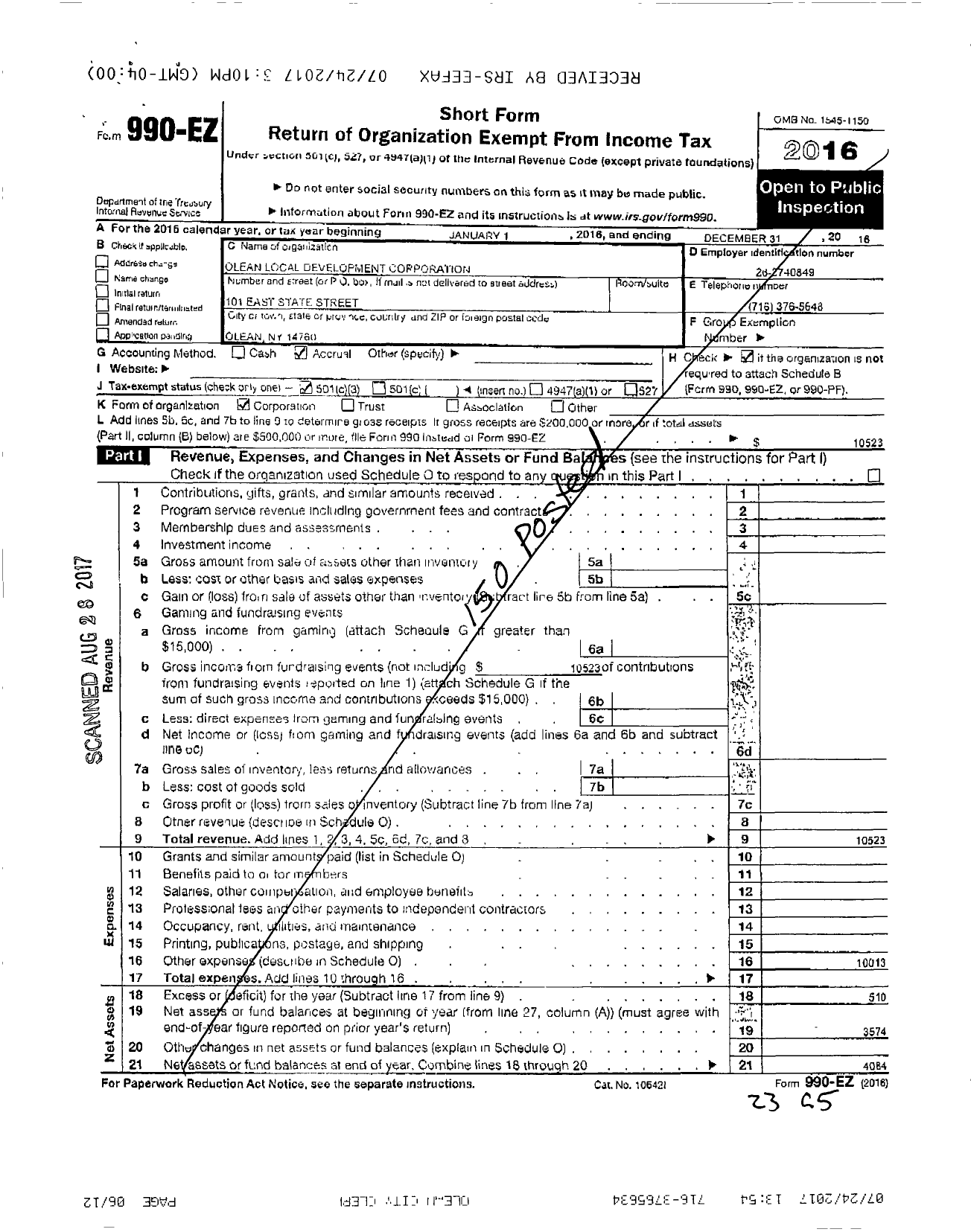 Image of first page of 2016 Form 990EZ for Olean Local Development Corporation