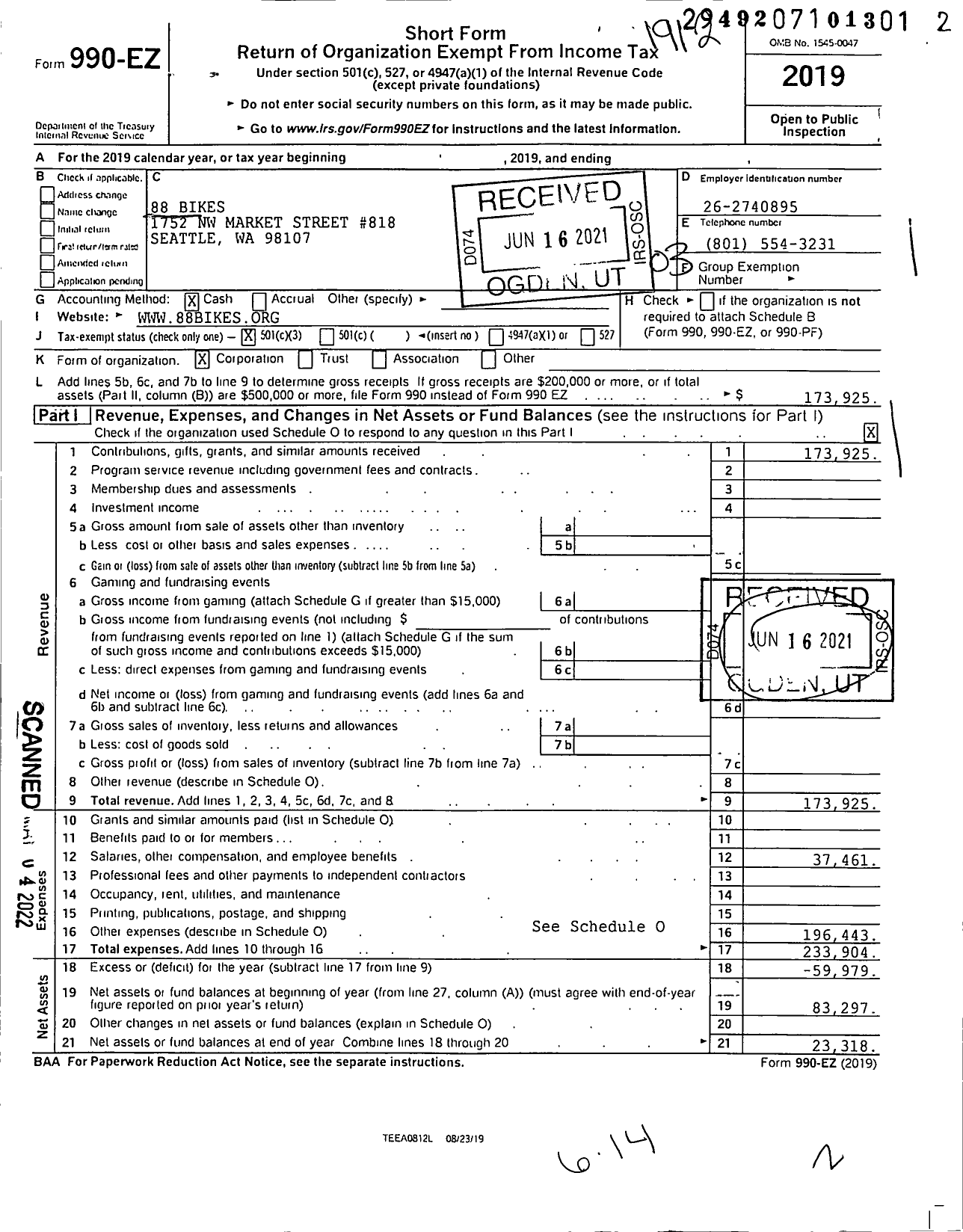 Image of first page of 2019 Form 990EZ for 88bikes Bikes