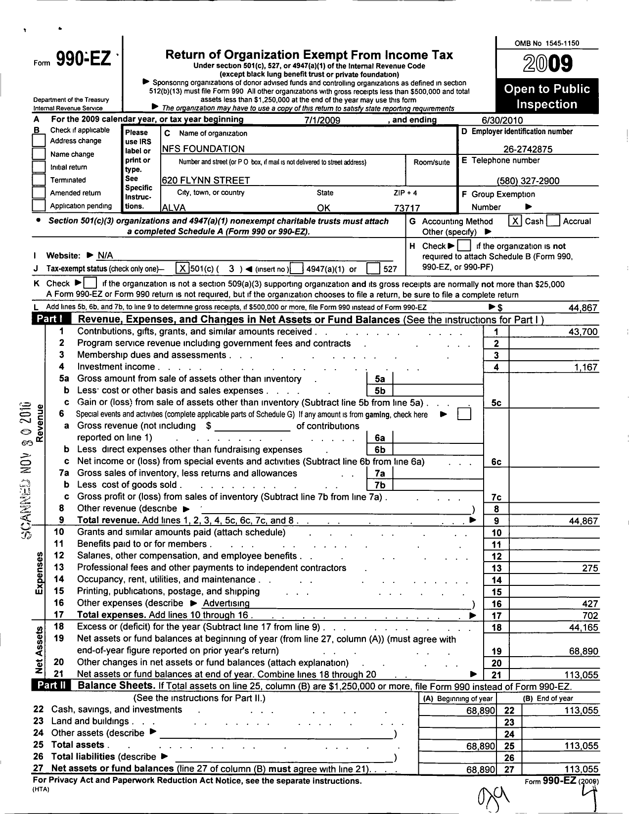 Image of first page of 2009 Form 990EZ for NFS Foundation