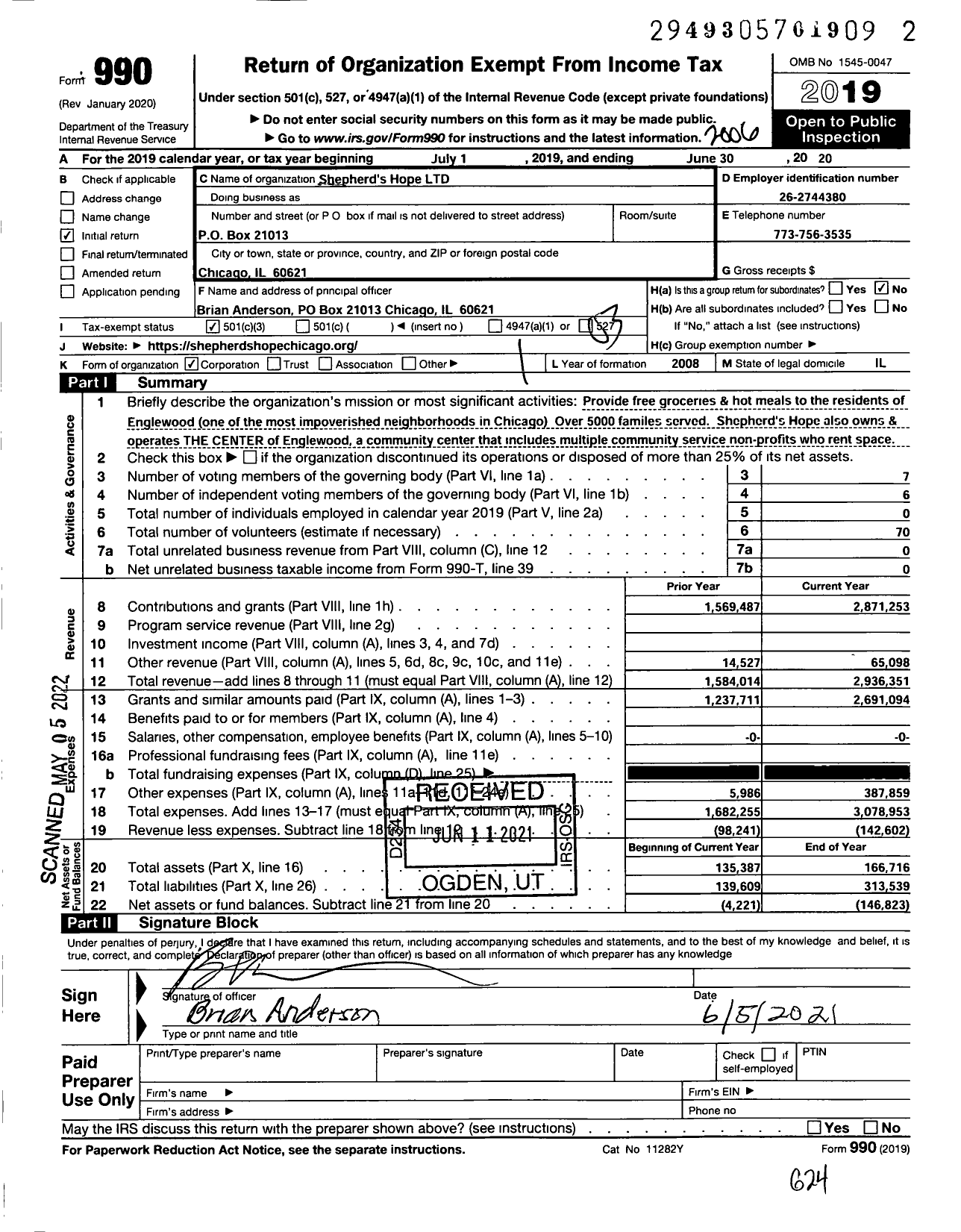 Image of first page of 2019 Form 990 for Shepherds Hope