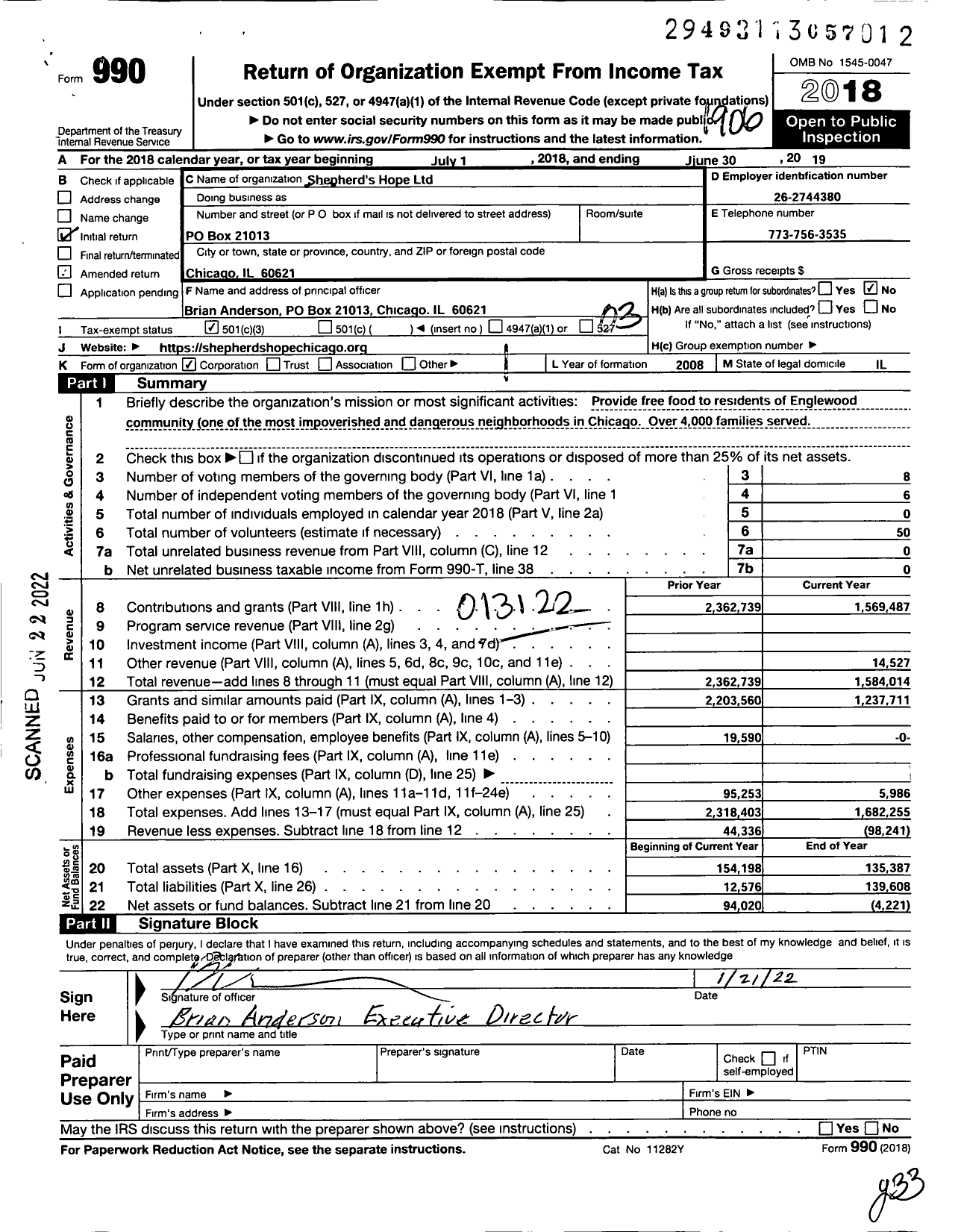 Image of first page of 2018 Form 990 for Shepherds Hope