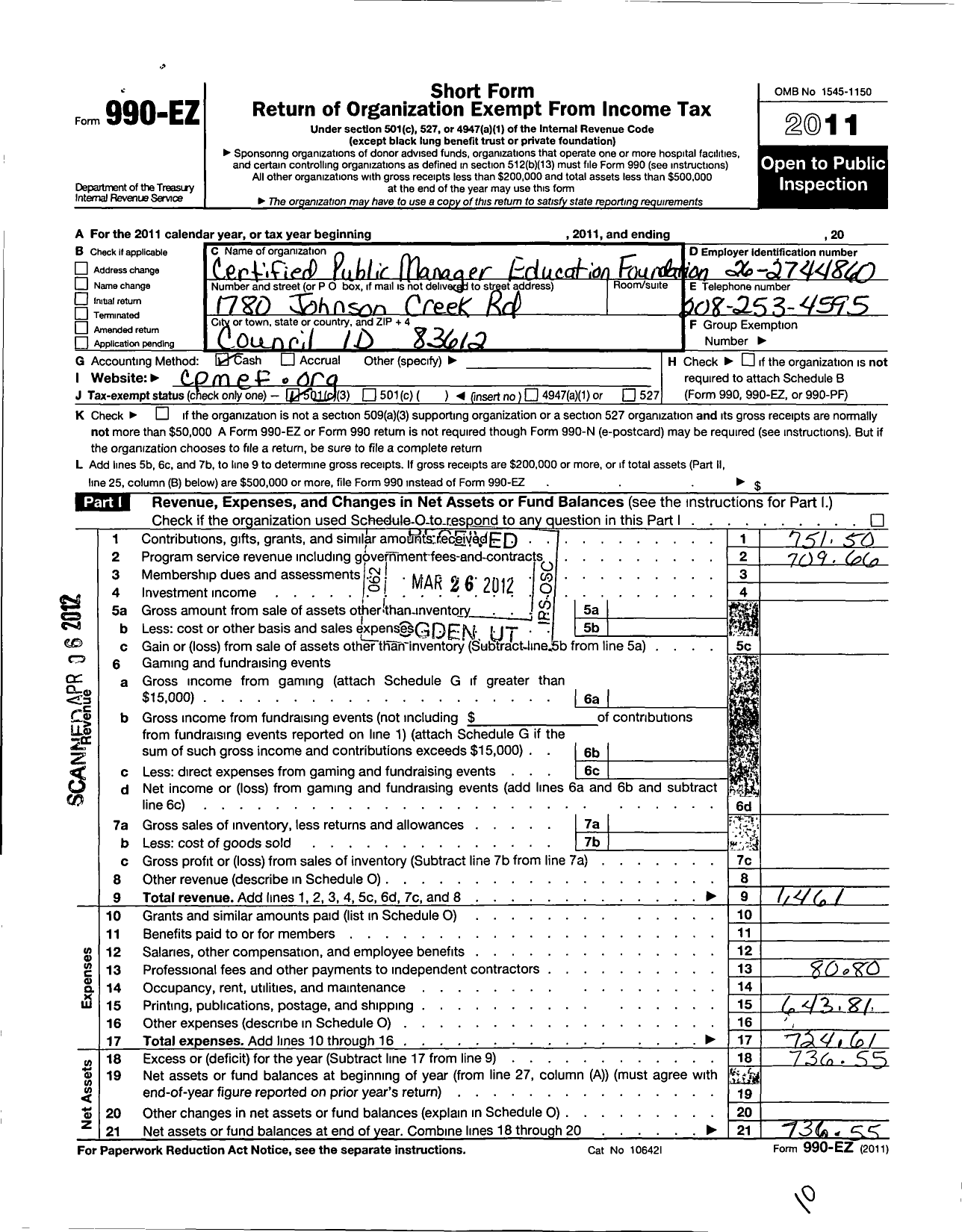 Image of first page of 2011 Form 990EZ for Certified Public Manager Education Foundation