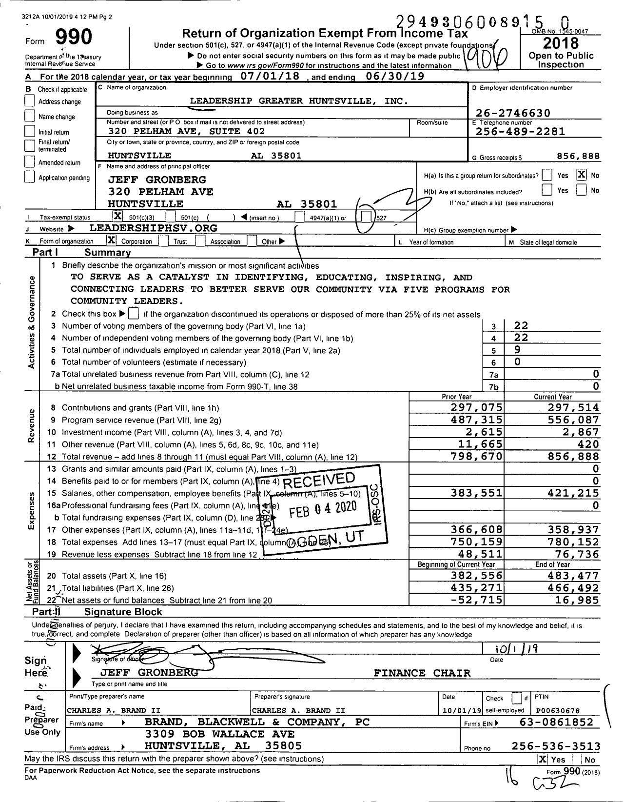 Image of first page of 2018 Form 990 for Leadership Greater Huntsville