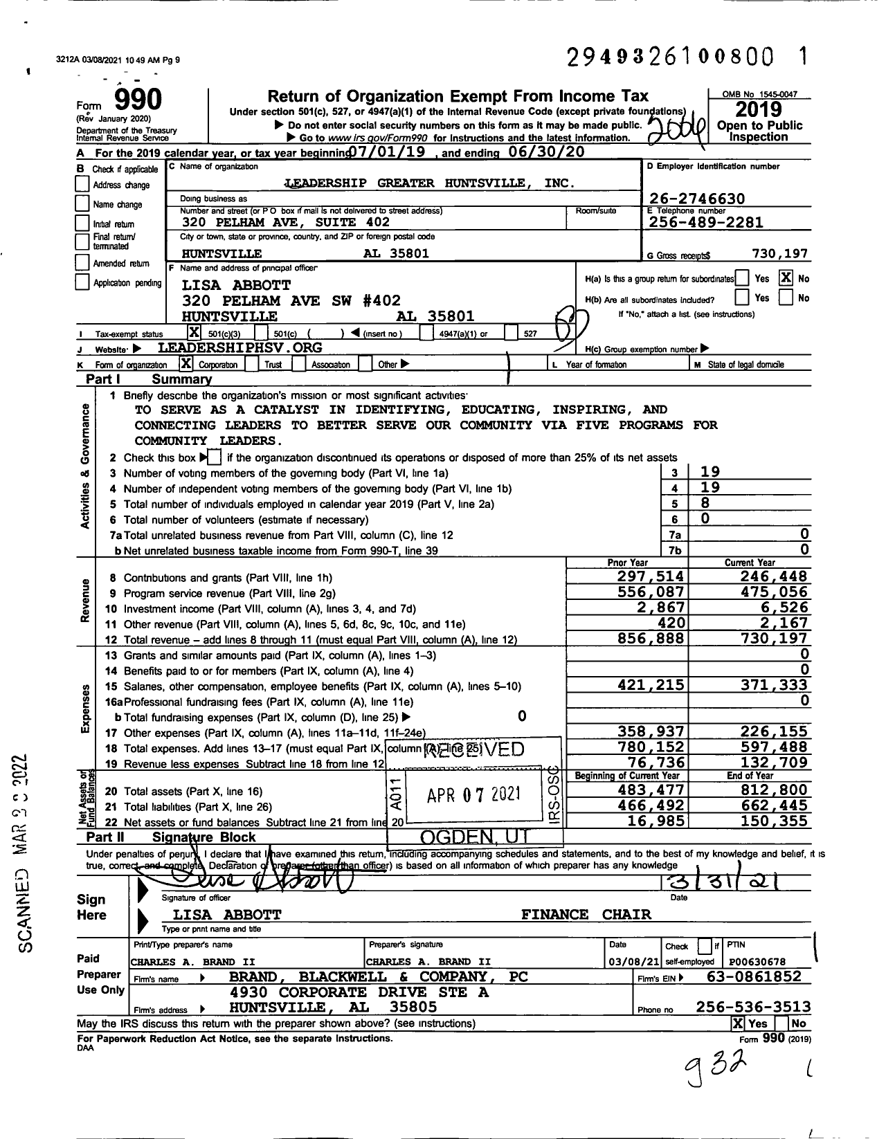 Image of first page of 2019 Form 990 for Leadership Greater Huntsville