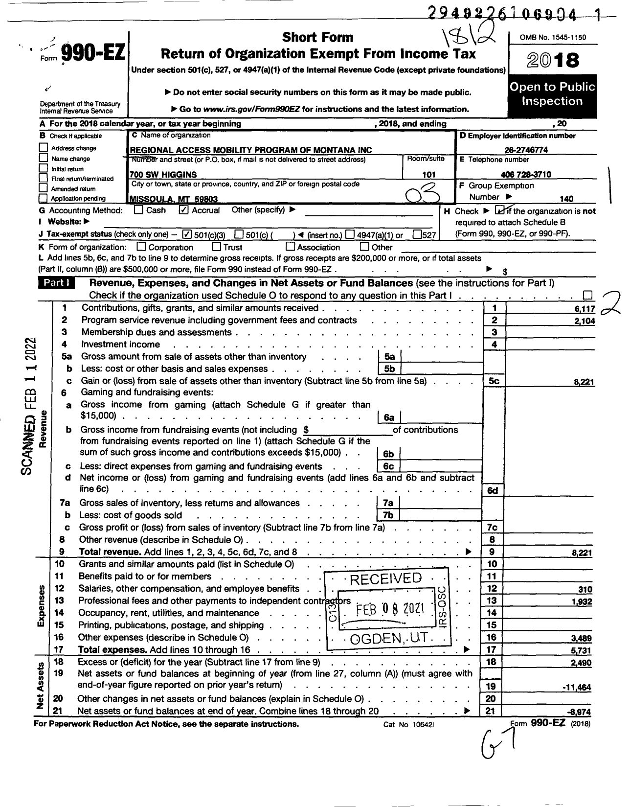 Image of first page of 2018 Form 990EZ for Regional Access Mobility Program of Montana
