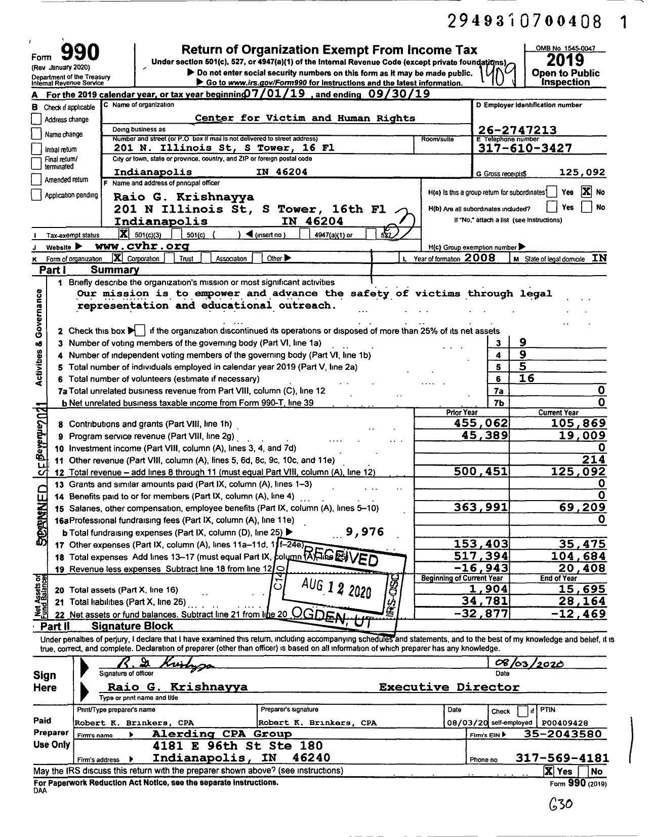 Image of first page of 2018 Form 990 for Center for Victim and Human Rights