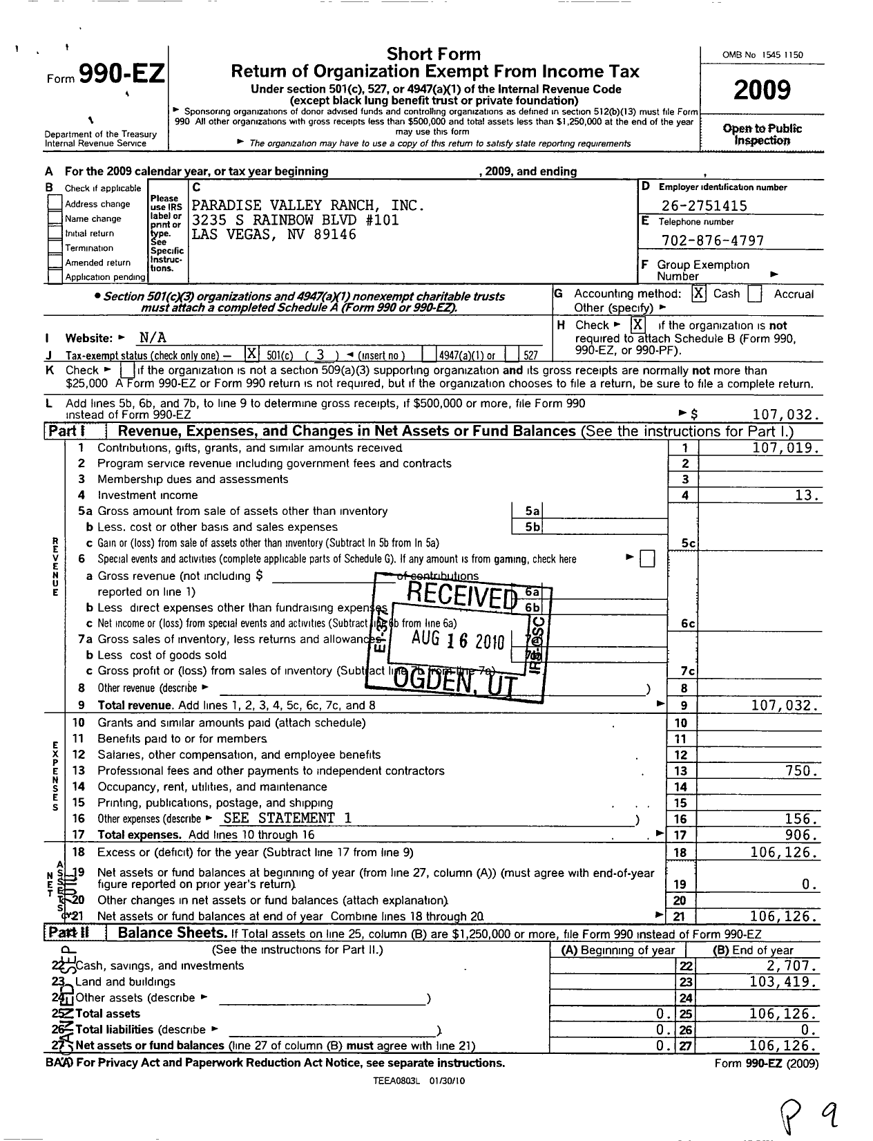 Image of first page of 2009 Form 990EZ for Paradise Valley Ranch