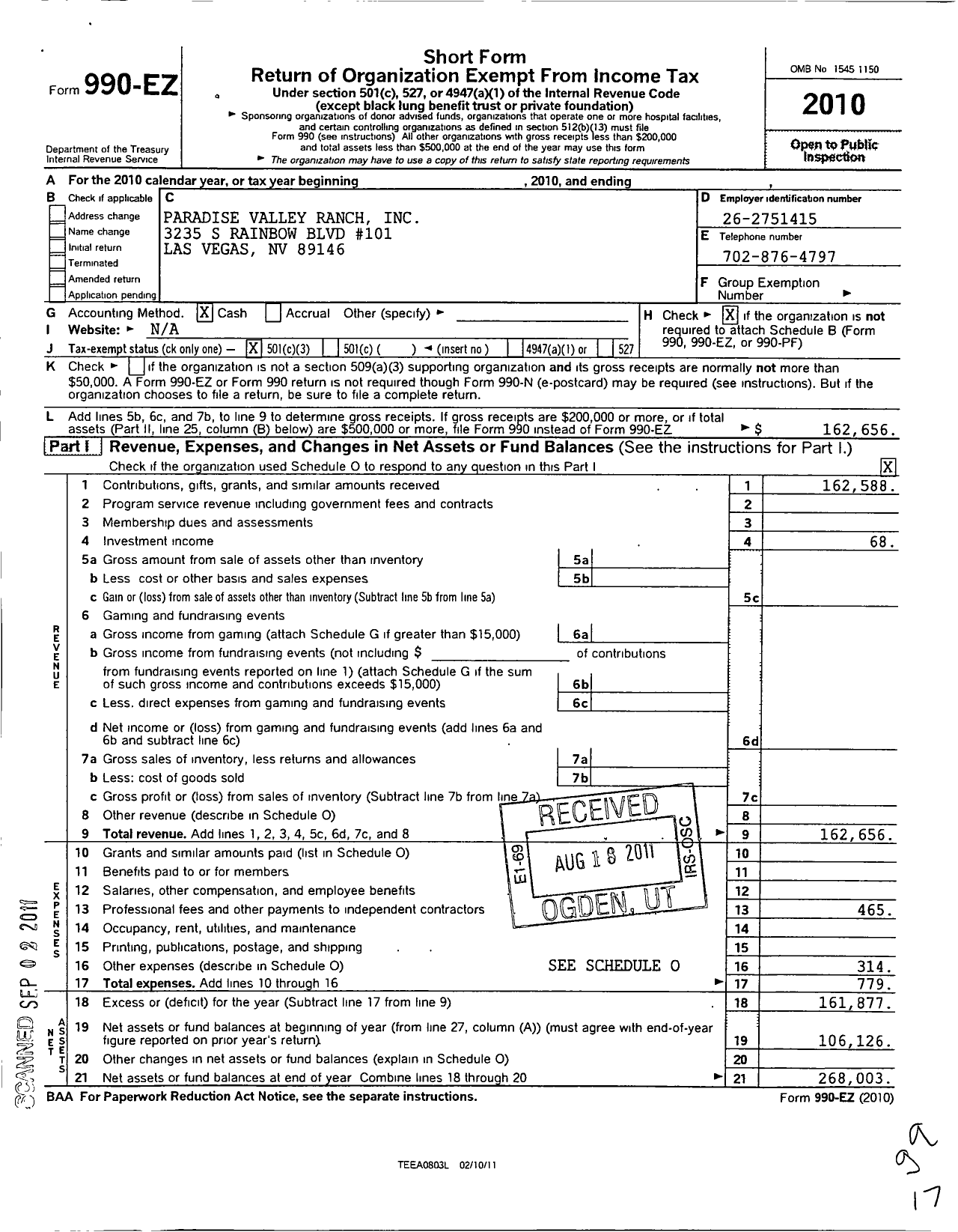 Image of first page of 2010 Form 990EZ for Paradise Valley Ranch