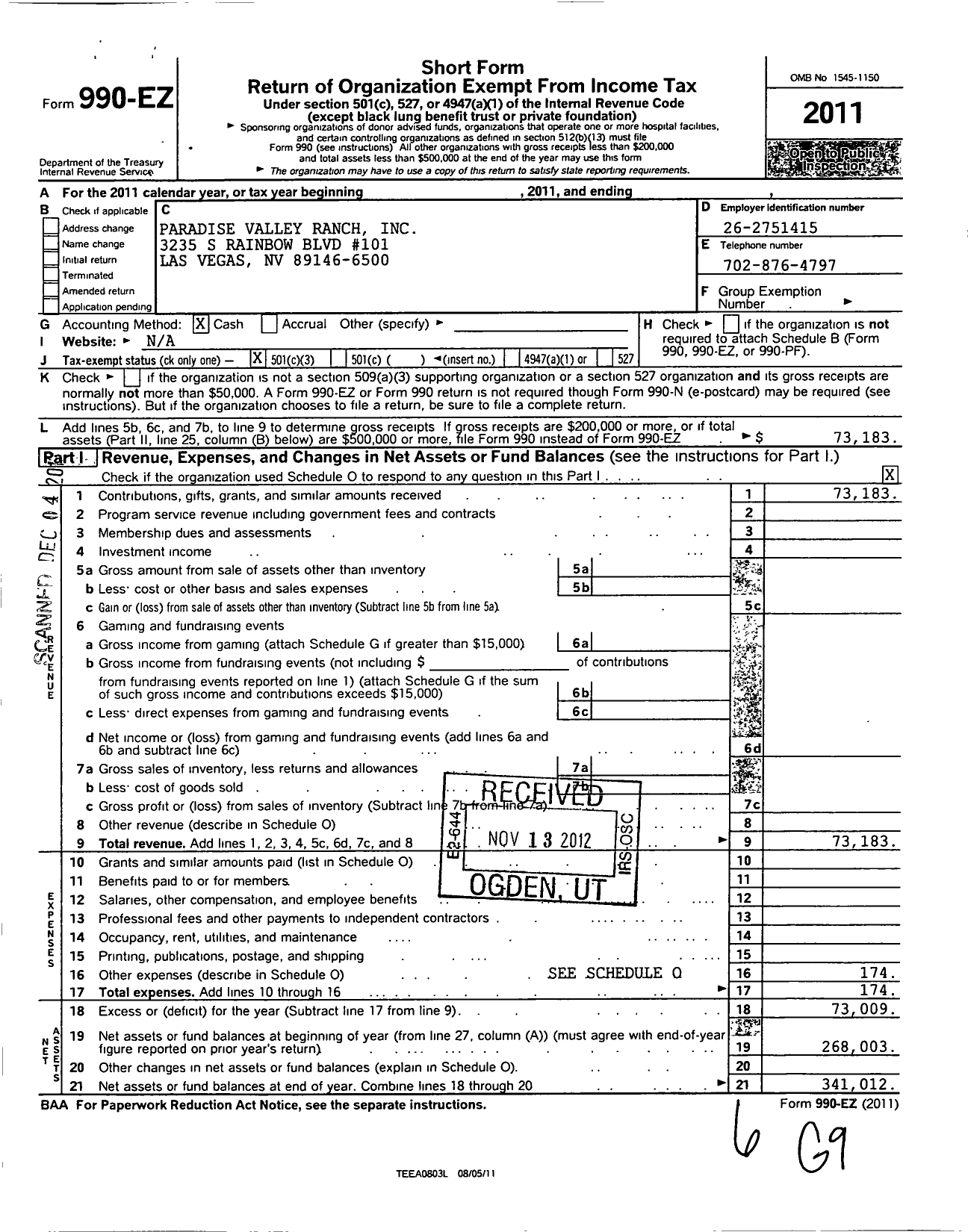 Image of first page of 2011 Form 990EZ for Paradise Valley Ranch