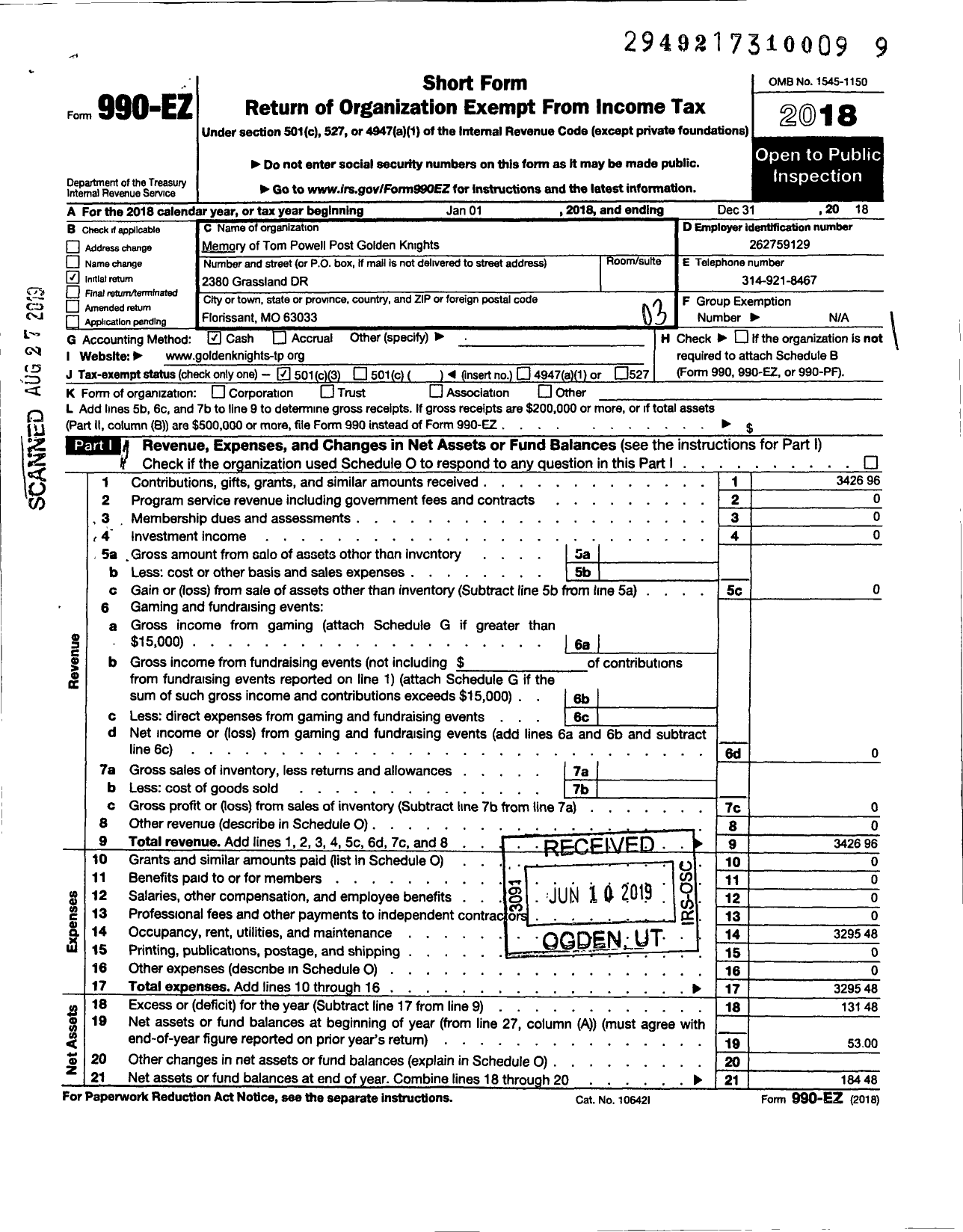 Image of first page of 2018 Form 990EZ for Memory of Tom Powell Post Golden Knights