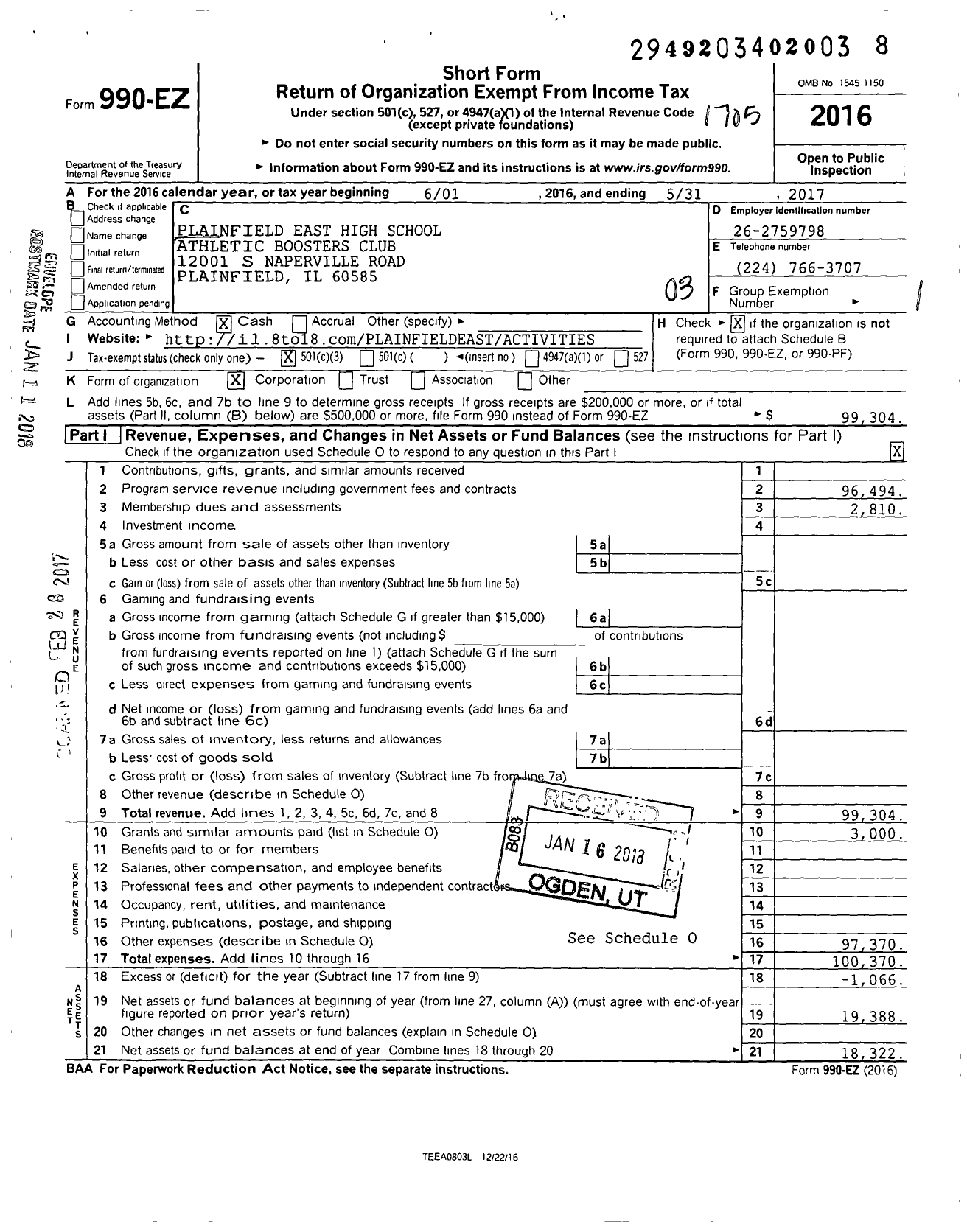 Image of first page of 2016 Form 990EZ for Plainfield East High School Athletic Boosters Club