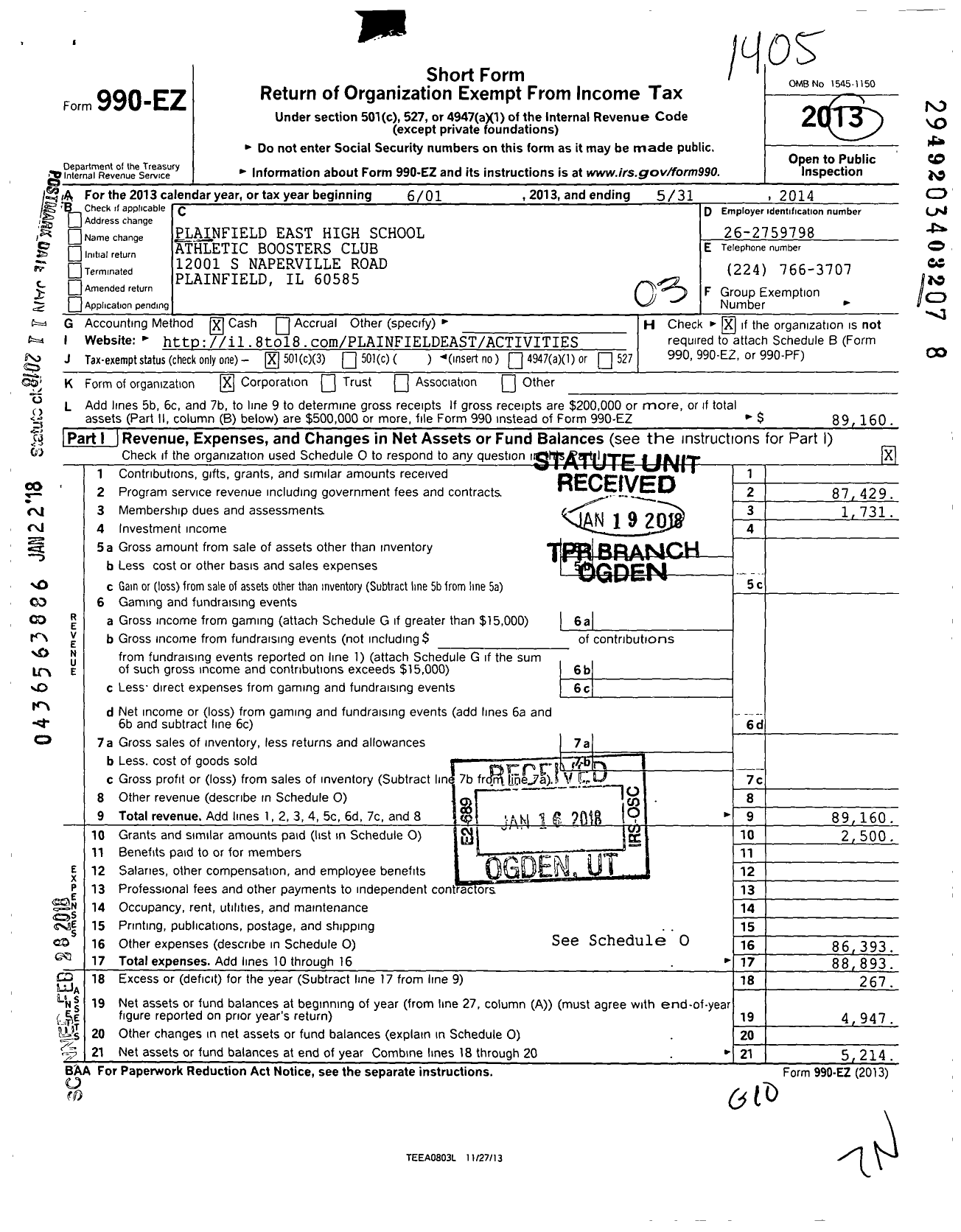 Image of first page of 2013 Form 990EZ for Plainfield East High School Athletic Boosters Club