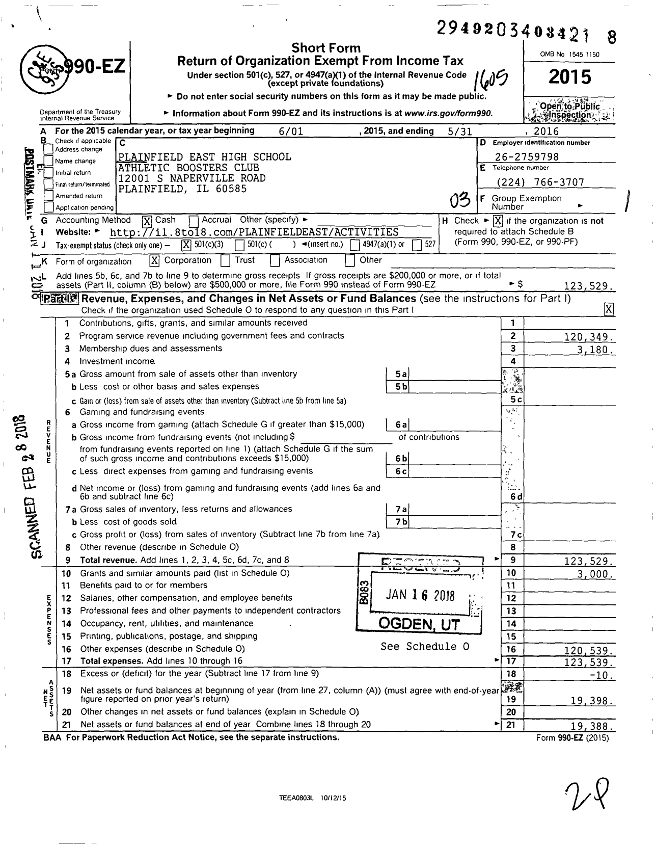 Image of first page of 2015 Form 990EZ for Plainfield East High School Athletic Boosters Club