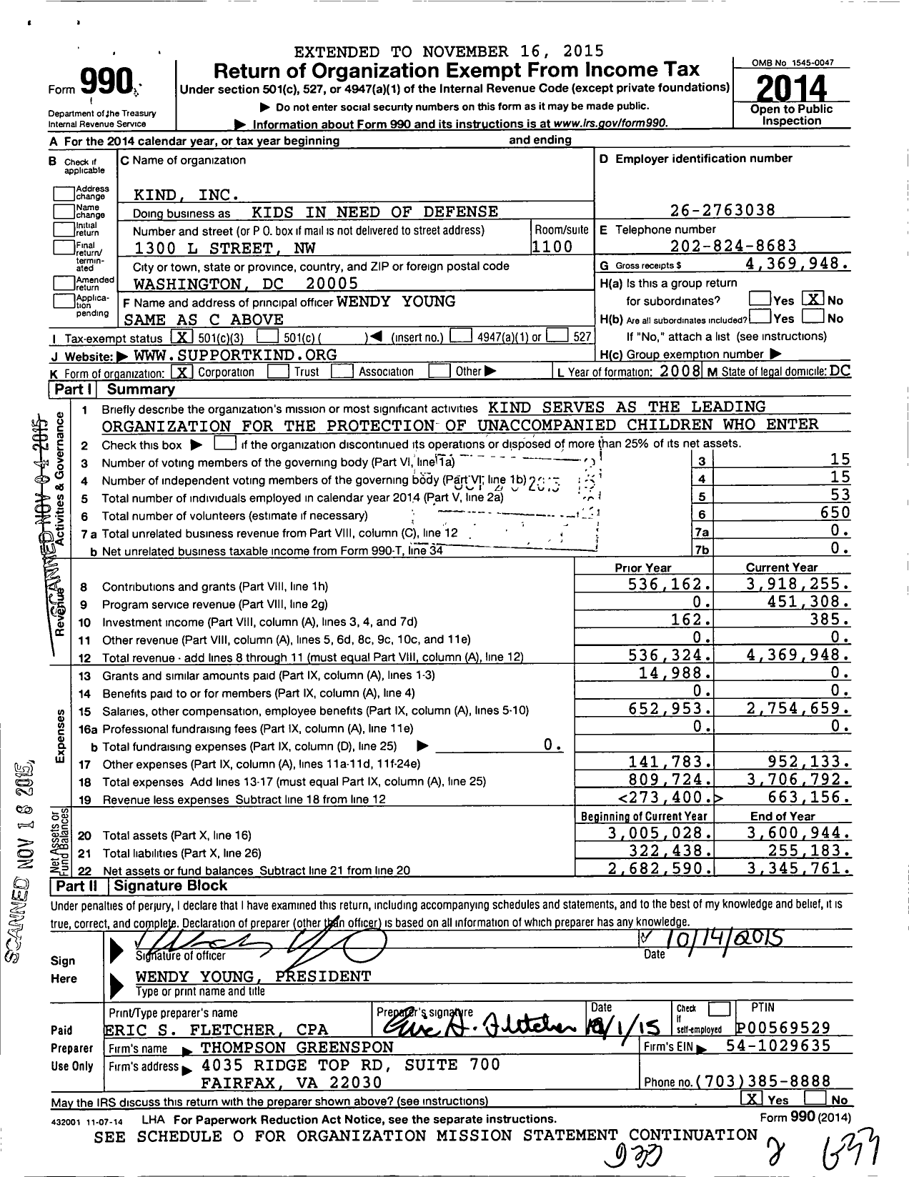 Image of first page of 2014 Form 990 for Kids in Need of Defense (KIND)