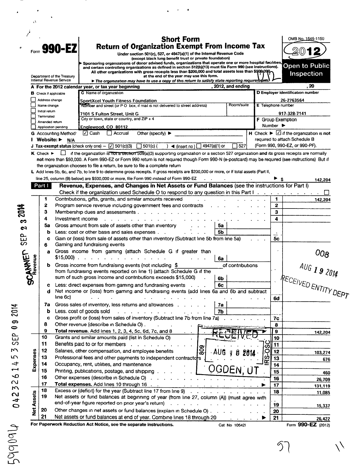 Image of first page of 2012 Form 990EZ for Sportxcel Youth Fitness Foundation