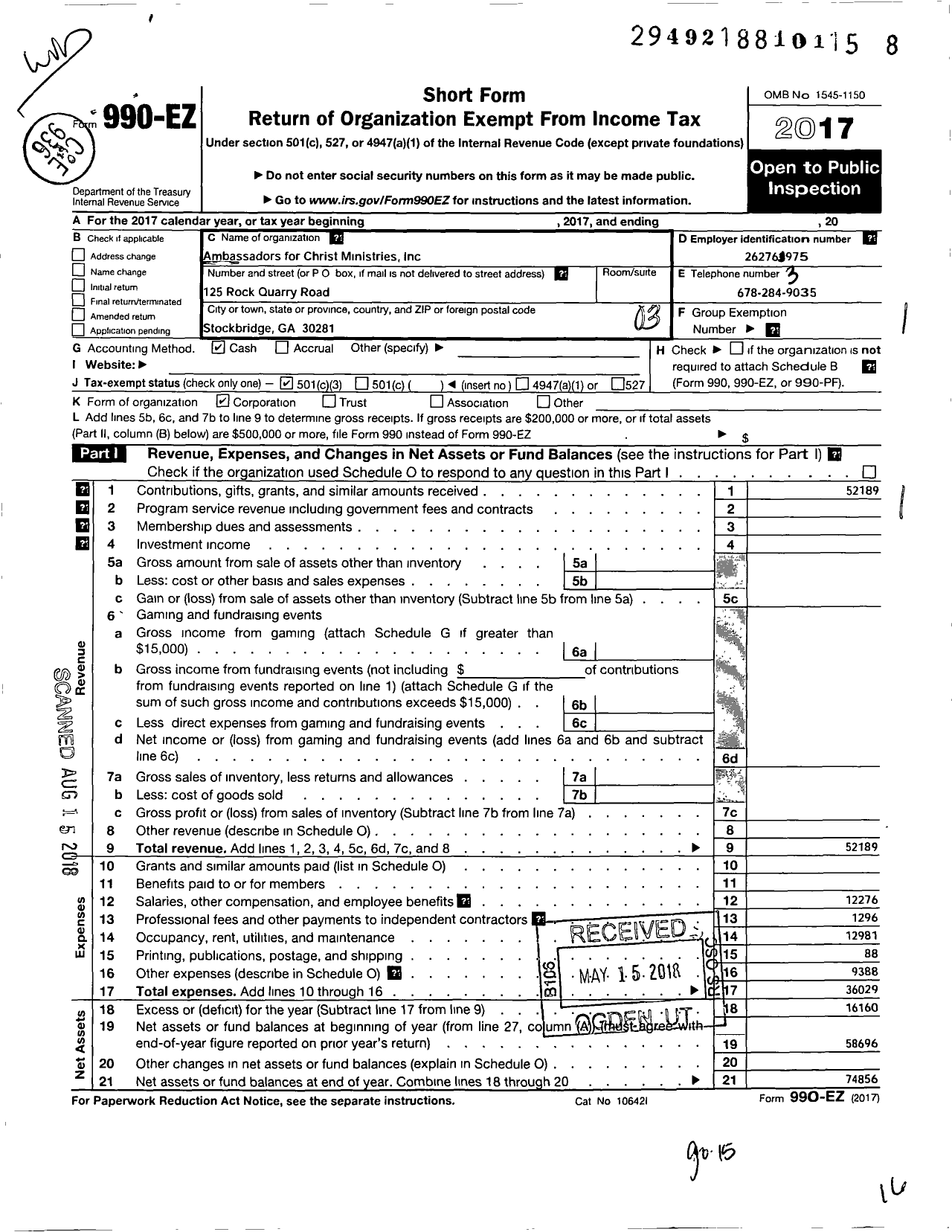 Image of first page of 2017 Form 990EZ for Ambassadors For Christ Ministries