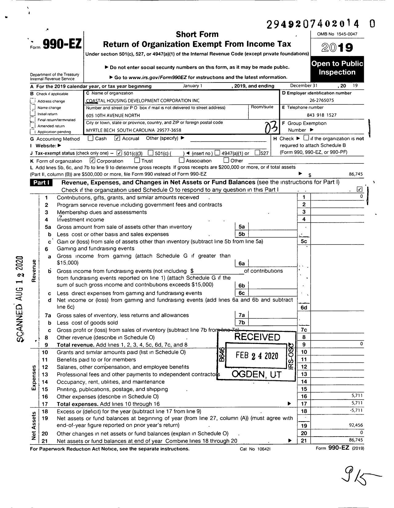 Image of first page of 2019 Form 990EZ for Coastal Housing Development Corporation