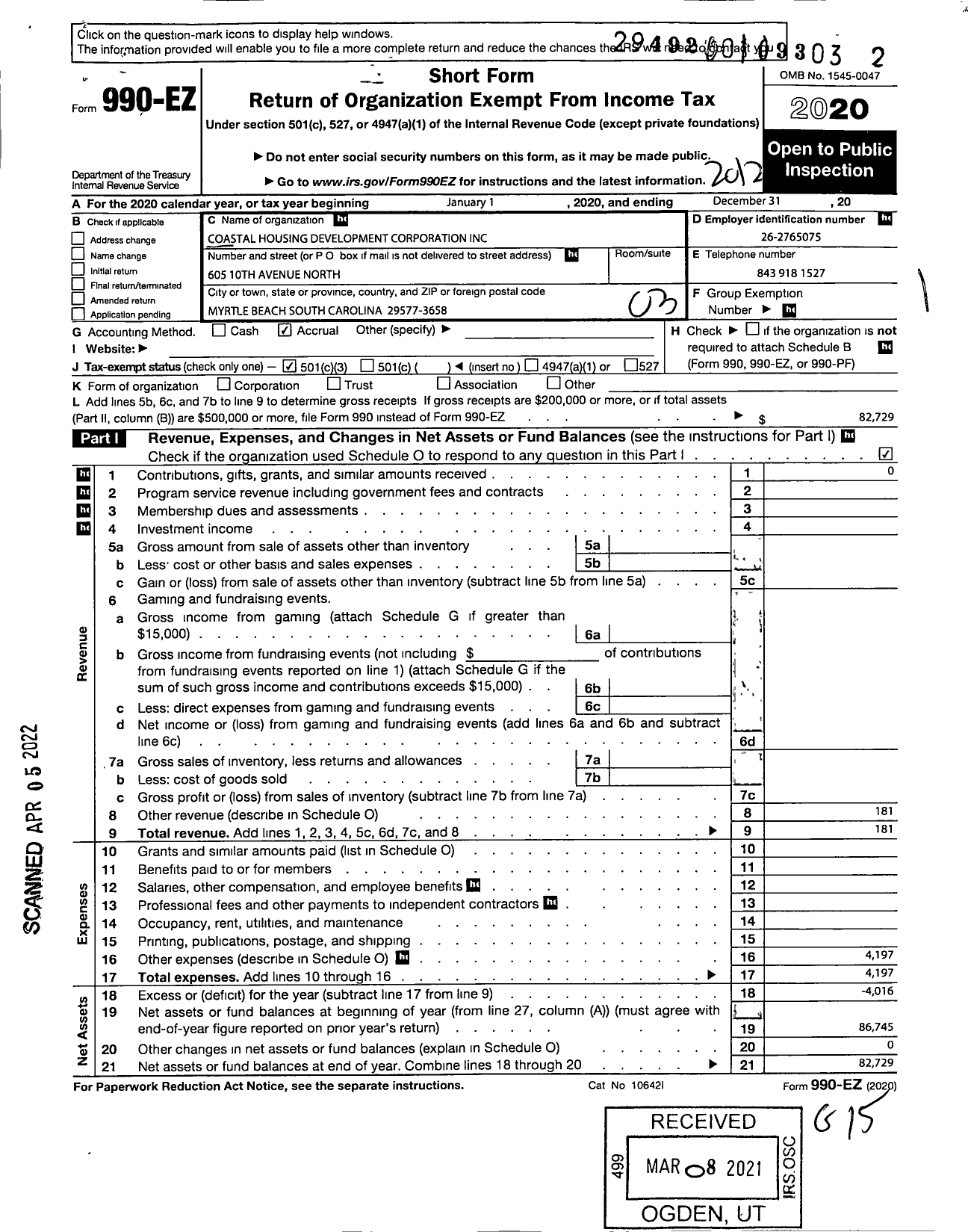 Image of first page of 2020 Form 990EZ for Coastal Housing Development Corporation