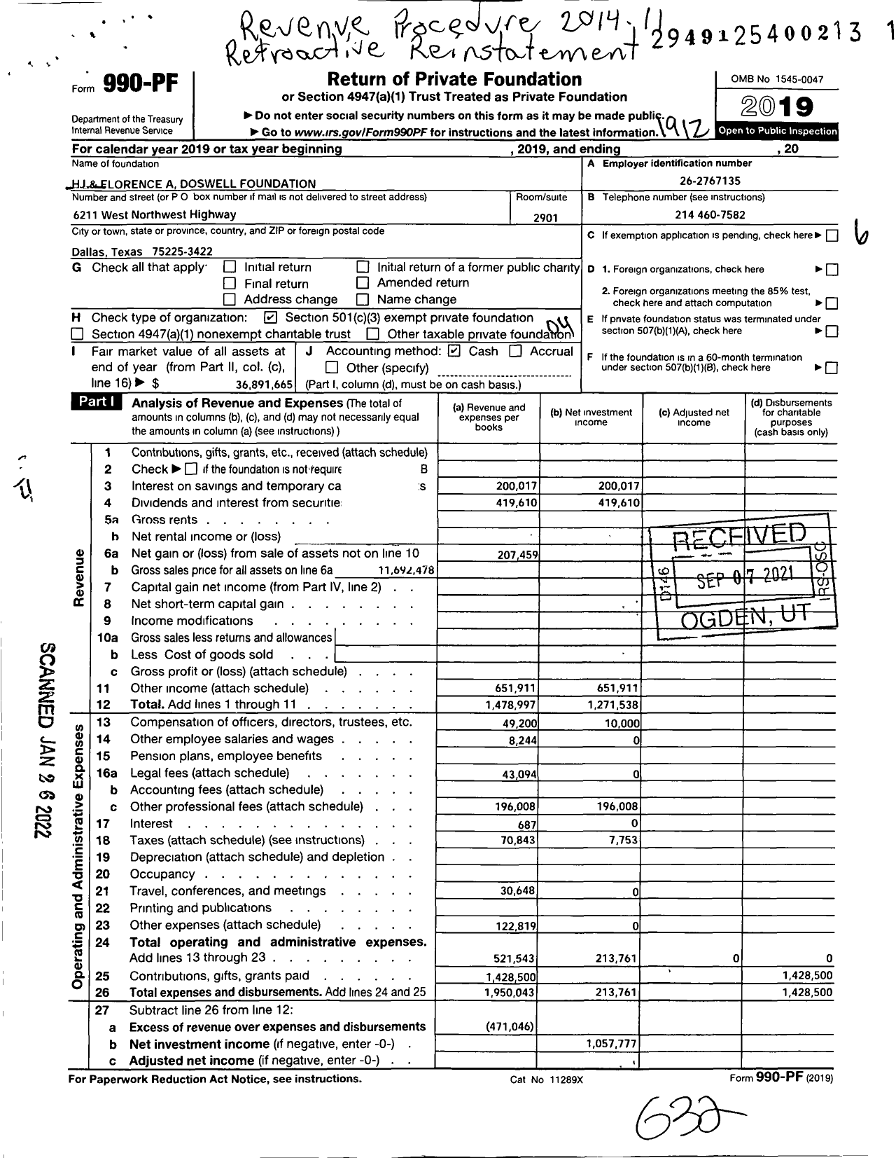 Image of first page of 2019 Form 990PF for Doswell Foundation