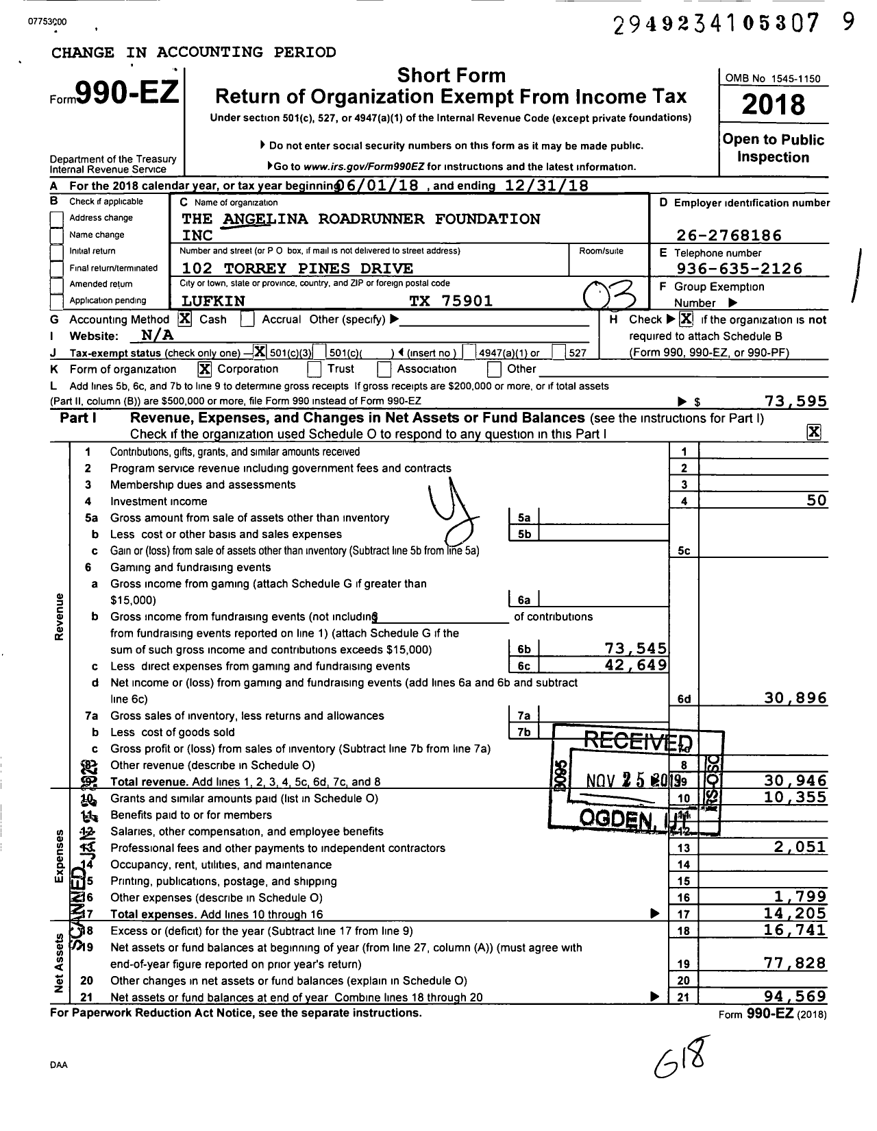 Image of first page of 2018 Form 990EZ for The Angelina Roadrunner Foundation