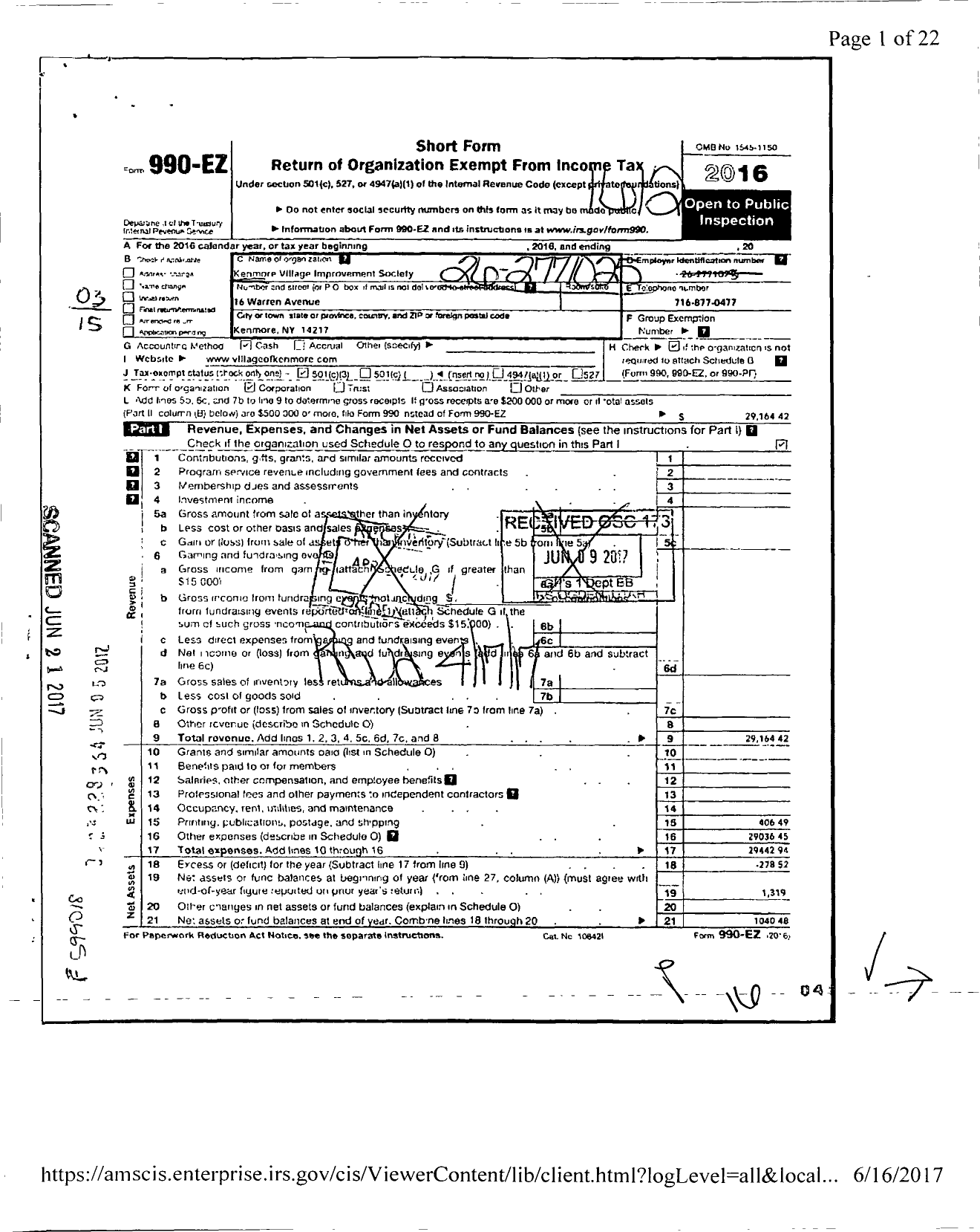 Image of first page of 2016 Form 990EZ for Kenmore Village Improvement Society