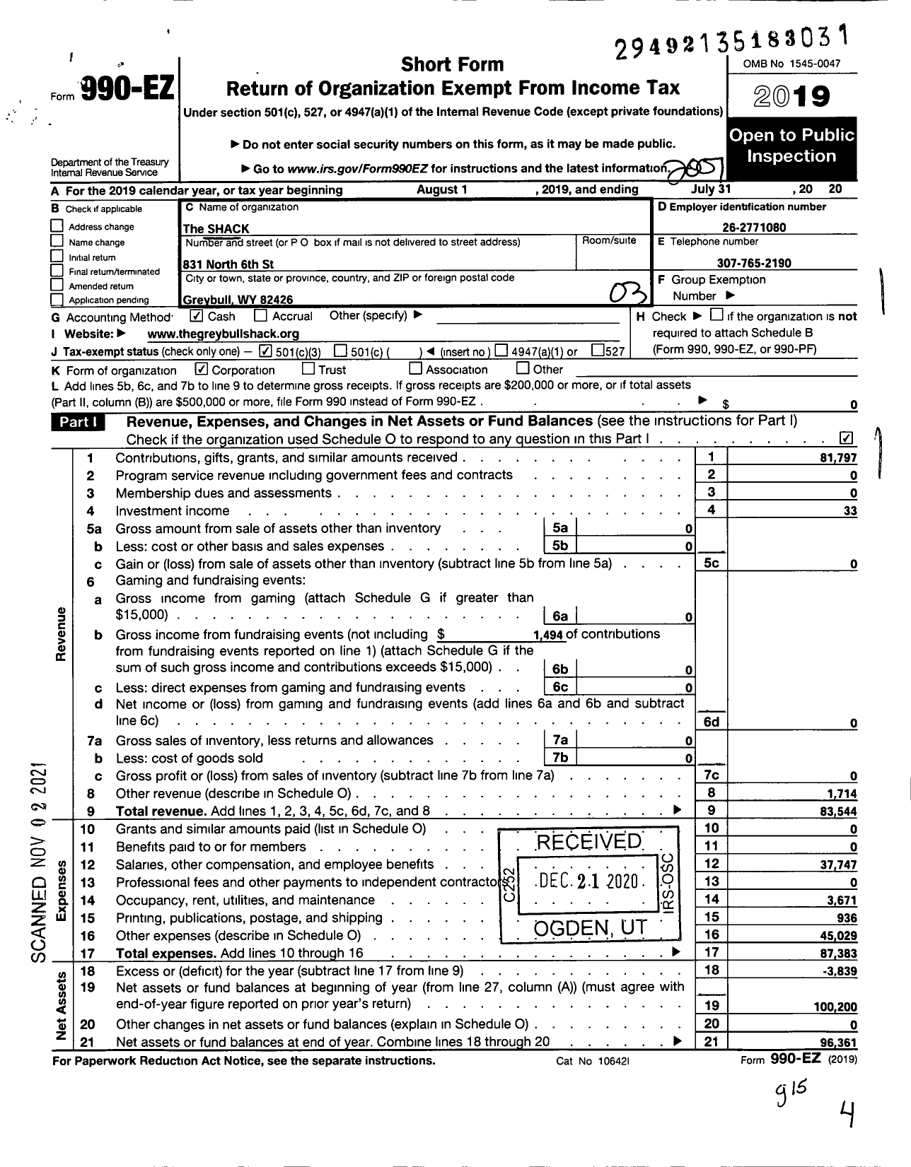 Image of first page of 2019 Form 990EZ for The Shack