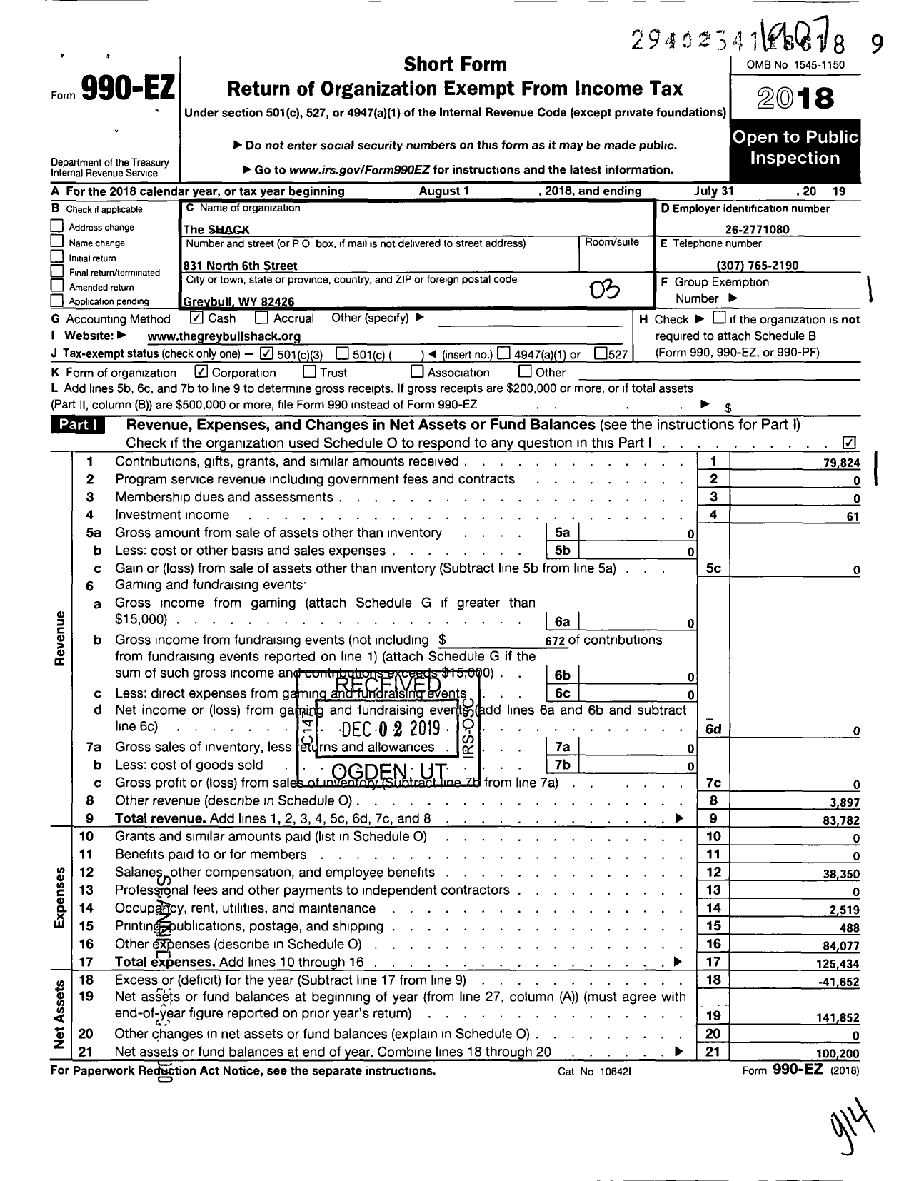 Image of first page of 2018 Form 990EZ for The Shack