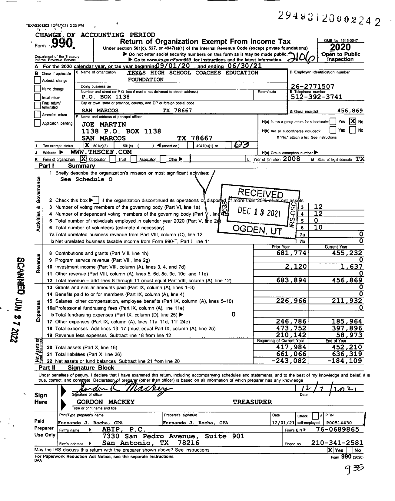 Image of first page of 2020 Form 990 for Texas High School Coaches Education Foundation