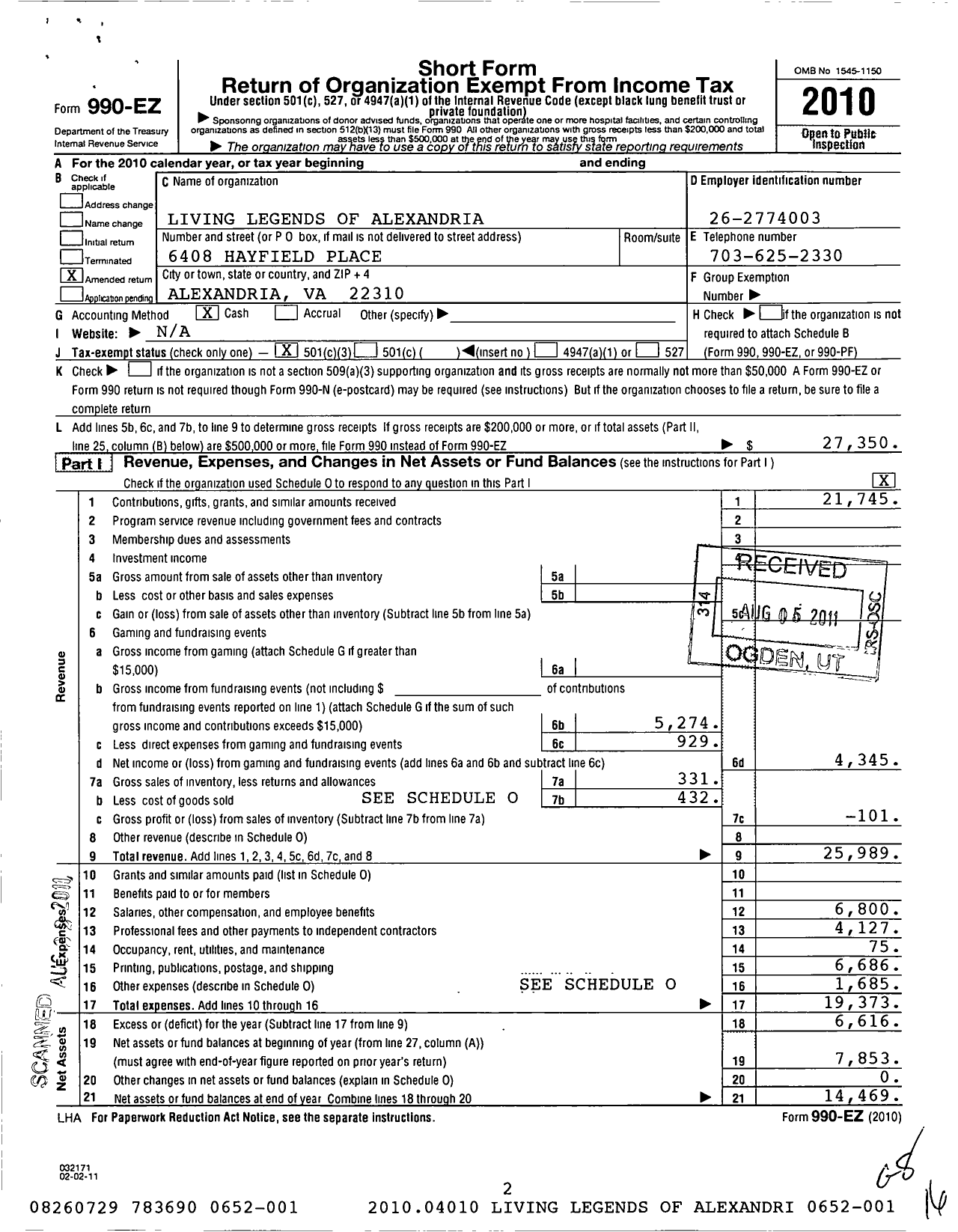 Image of first page of 2010 Form 990EZ for Living Legends of Alexandria