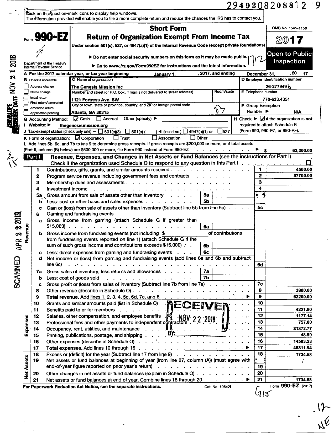 Image of first page of 2017 Form 990EZ for The Genesis Mission