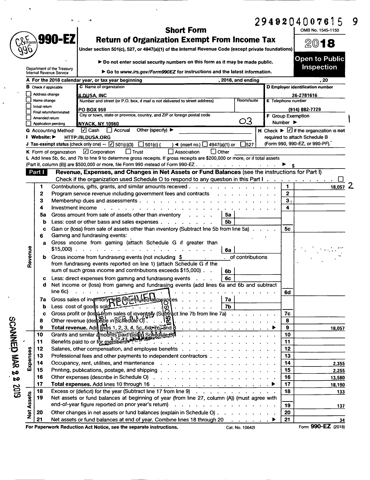 Image of first page of 2018 Form 990EZ for Ildusa