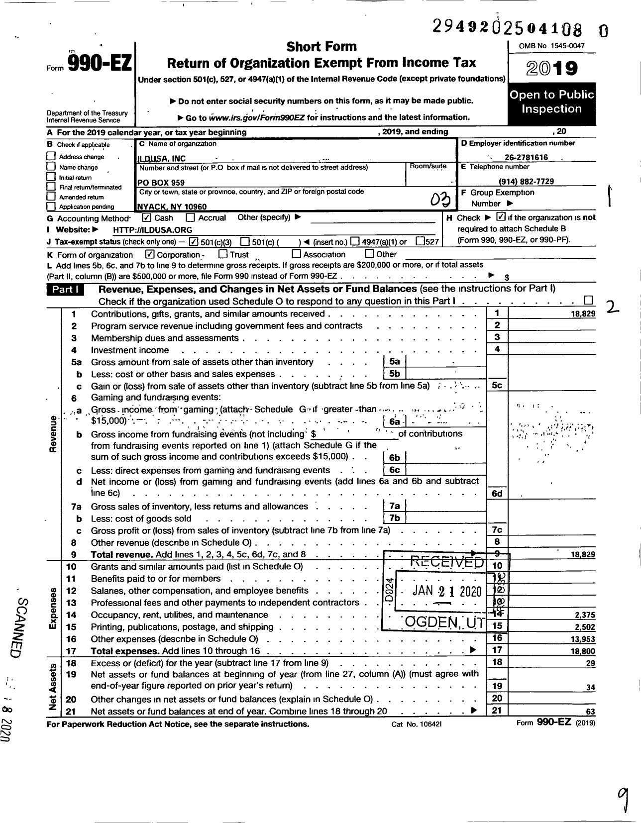 Image of first page of 2019 Form 990EZ for Ildusa