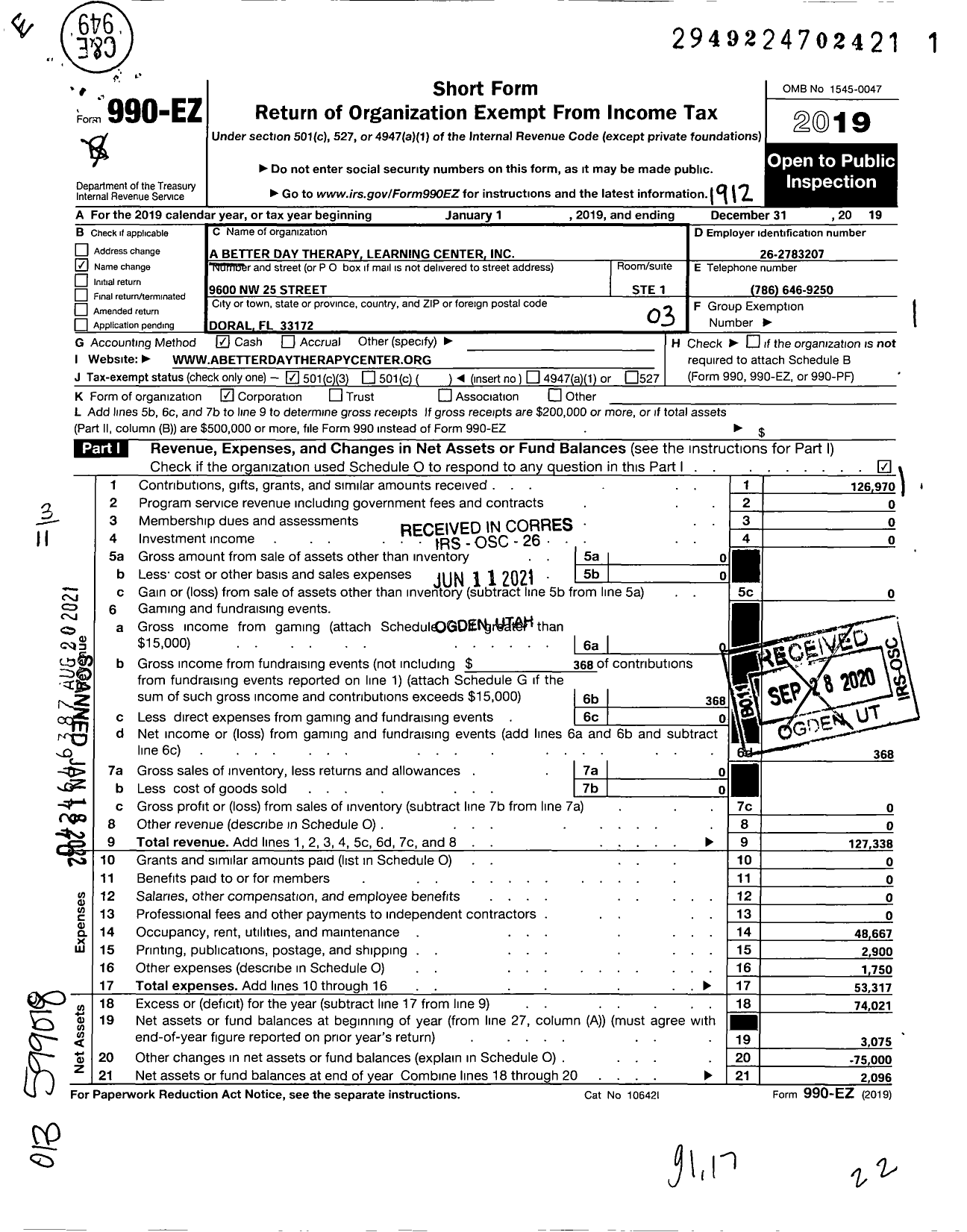 Image of first page of 2019 Form 990EZ for A Better Day Therapy Learning Center