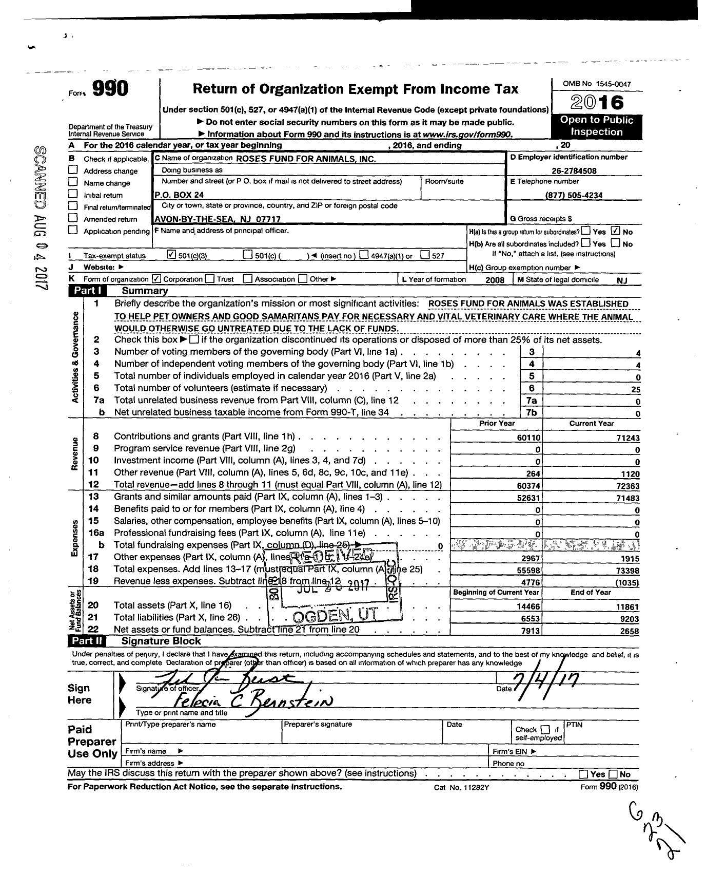 Image of first page of 2016 Form 990 for Roses Fund for Animals