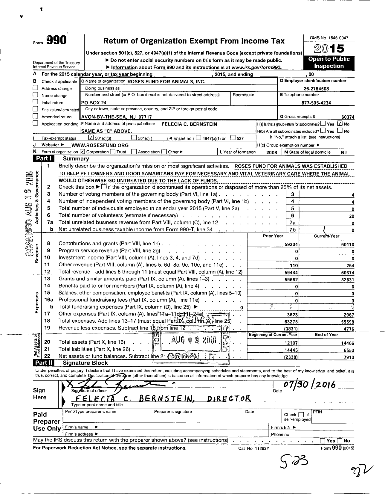 Image of first page of 2015 Form 990 for Roses Fund for Animals