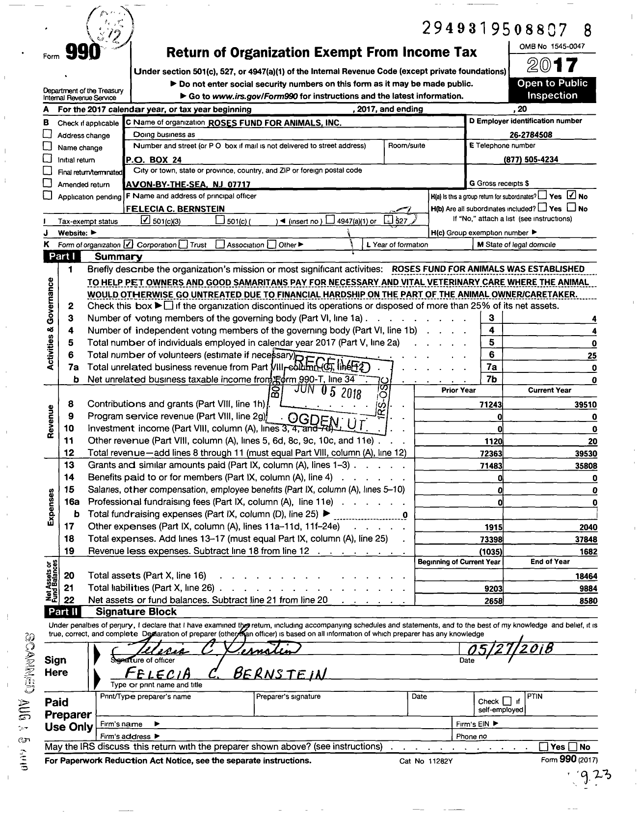 Image of first page of 2017 Form 990 for Roses Fund for Animals