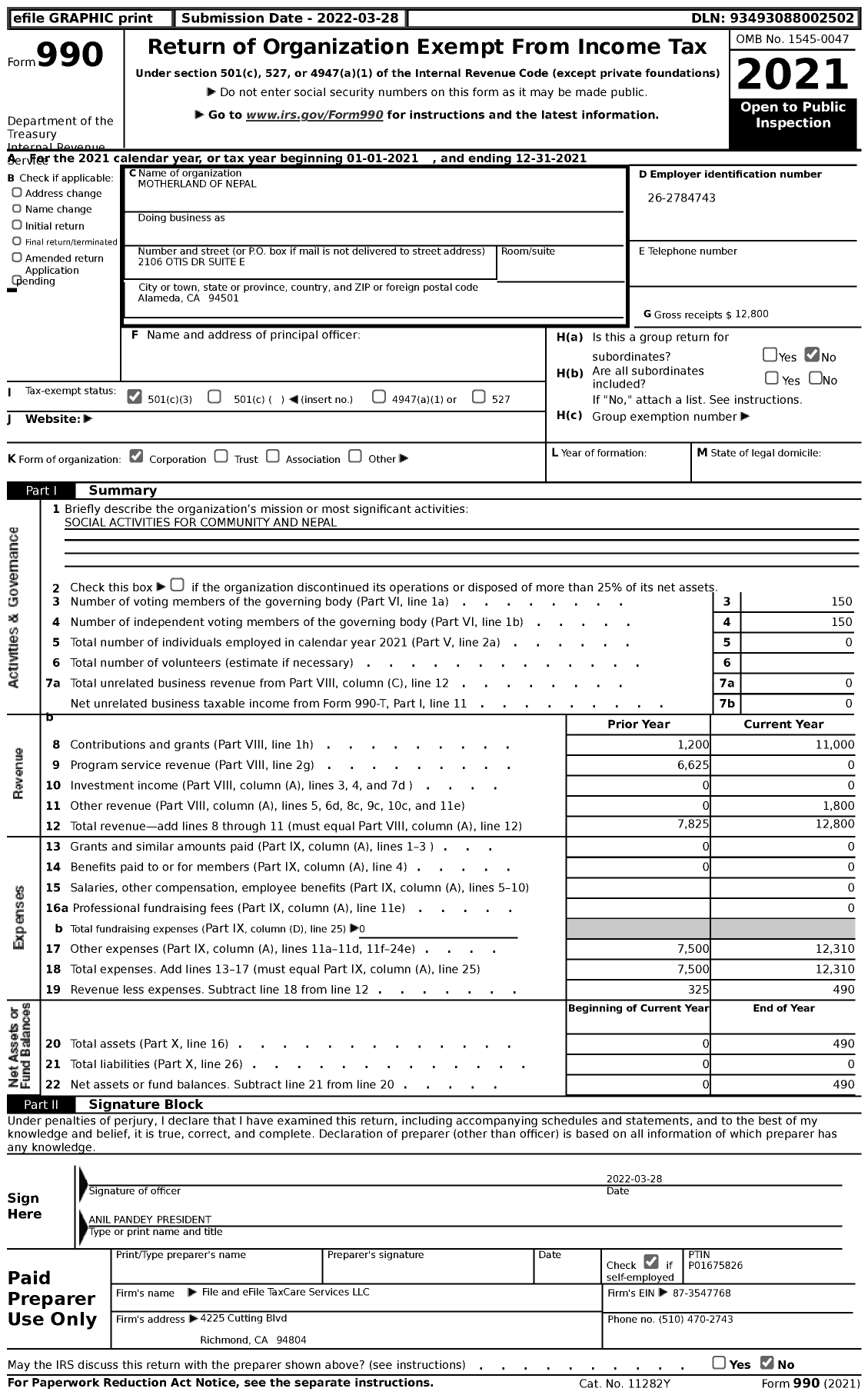 Image of first page of 2021 Form 990 for Motherland of Nepal