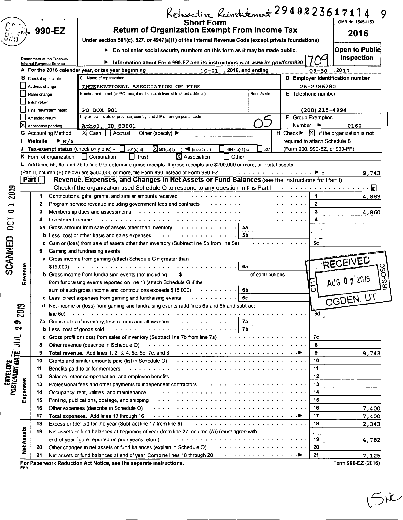 Image of first page of 2016 Form 990EO for Timberlake Professional Fire Fighters International Association Local 4483