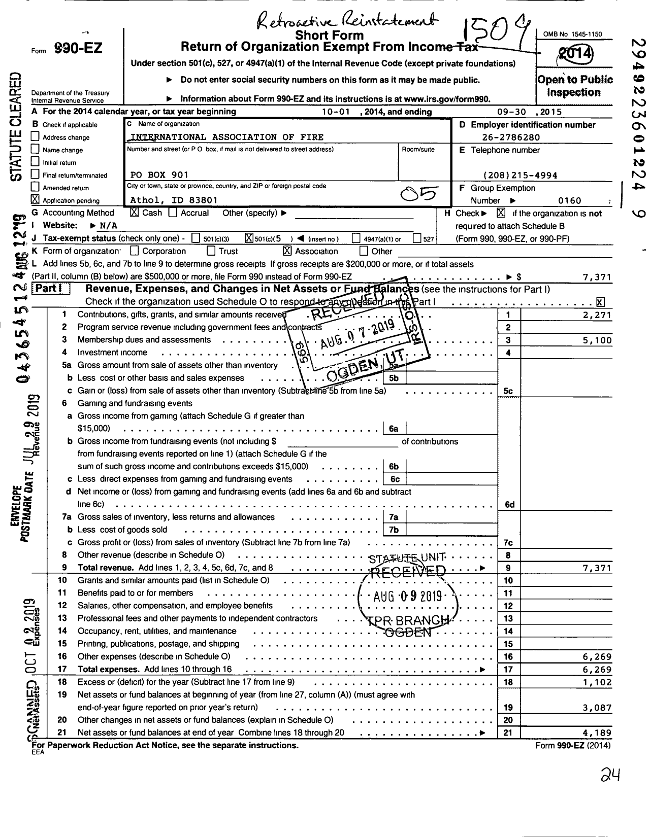 Image of first page of 2014 Form 990EO for Timberlake Professional Fire Fighters International Association Local 4483