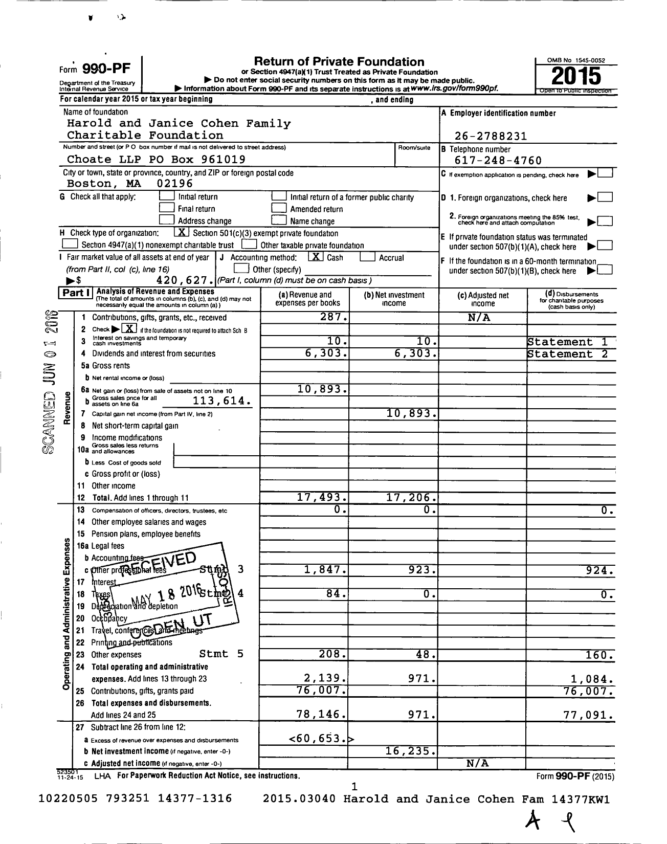 Image of first page of 2015 Form 990PF for Harold and Janice Cohen Family Charitable Foundation