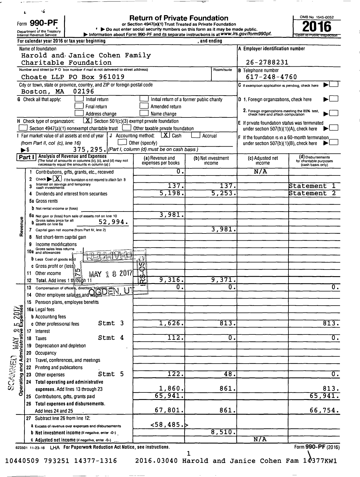 Image of first page of 2016 Form 990PF for Harold and Janice Cohen Family Charitable Foundation