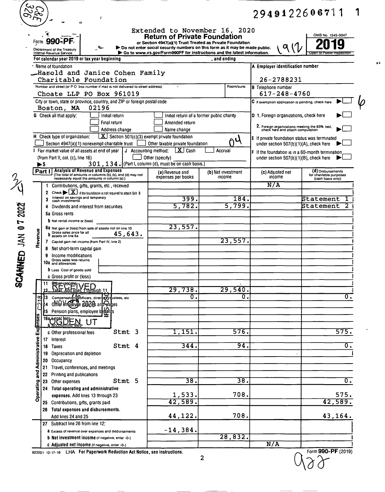 Image of first page of 2019 Form 990PF for Harold and Janice Cohen Family Charitable Foundation