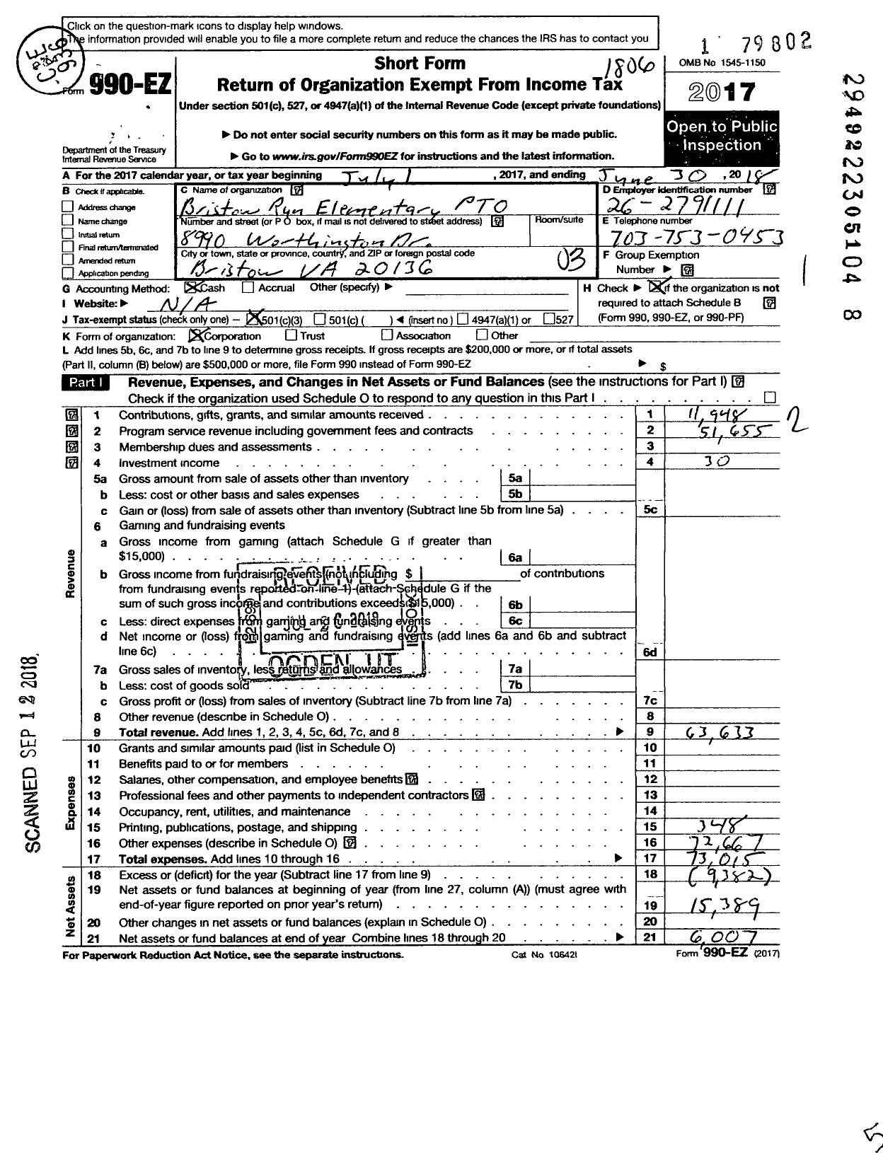 Image of first page of 2017 Form 990EZ for Bristow Run Elementary School Pto