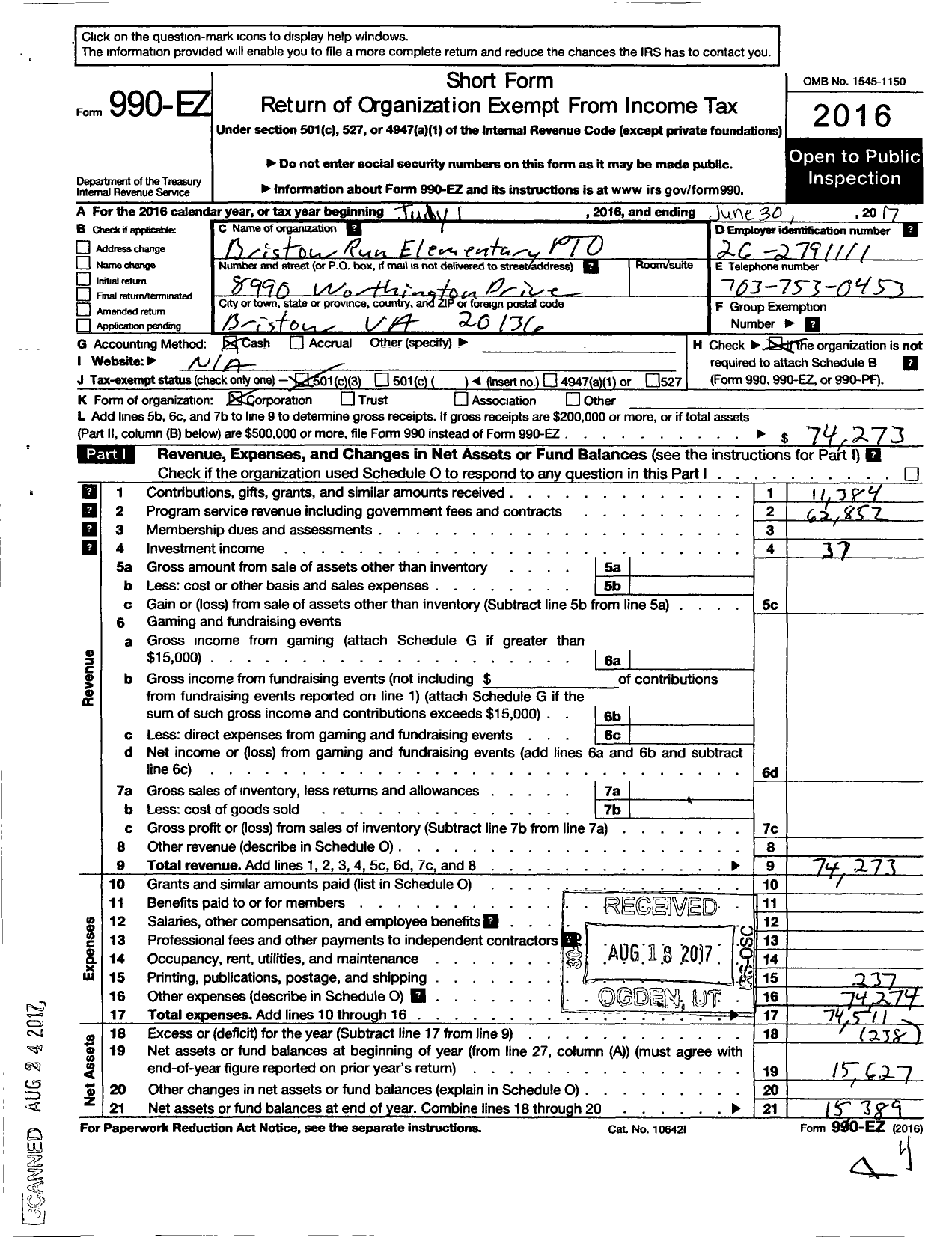 Image of first page of 2016 Form 990EZ for Bristow Run Elementary School Pto