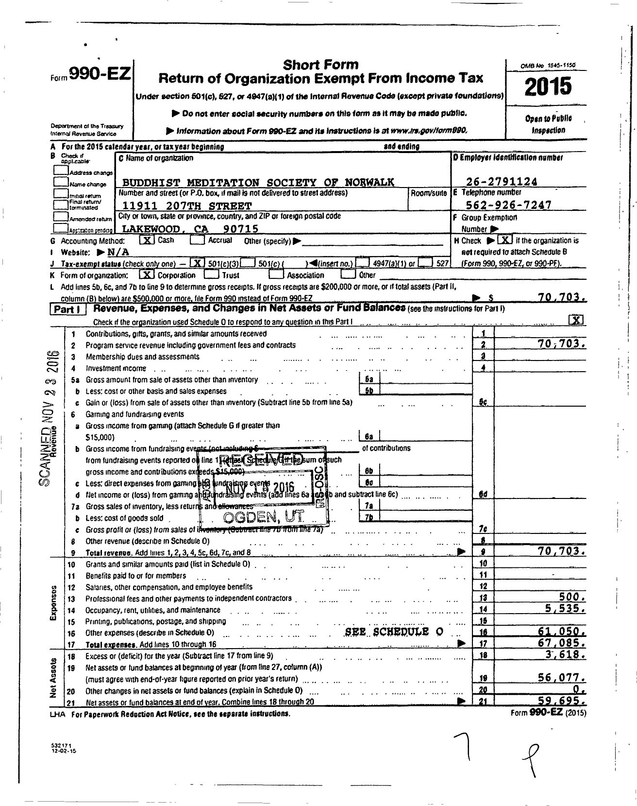 Image of first page of 2015 Form 990EZ for Buddhist Meditation Society of Norwalk