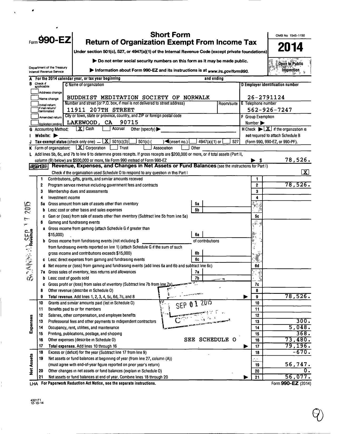 Image of first page of 2014 Form 990EZ for Buddhist Meditation Society of Norwalk