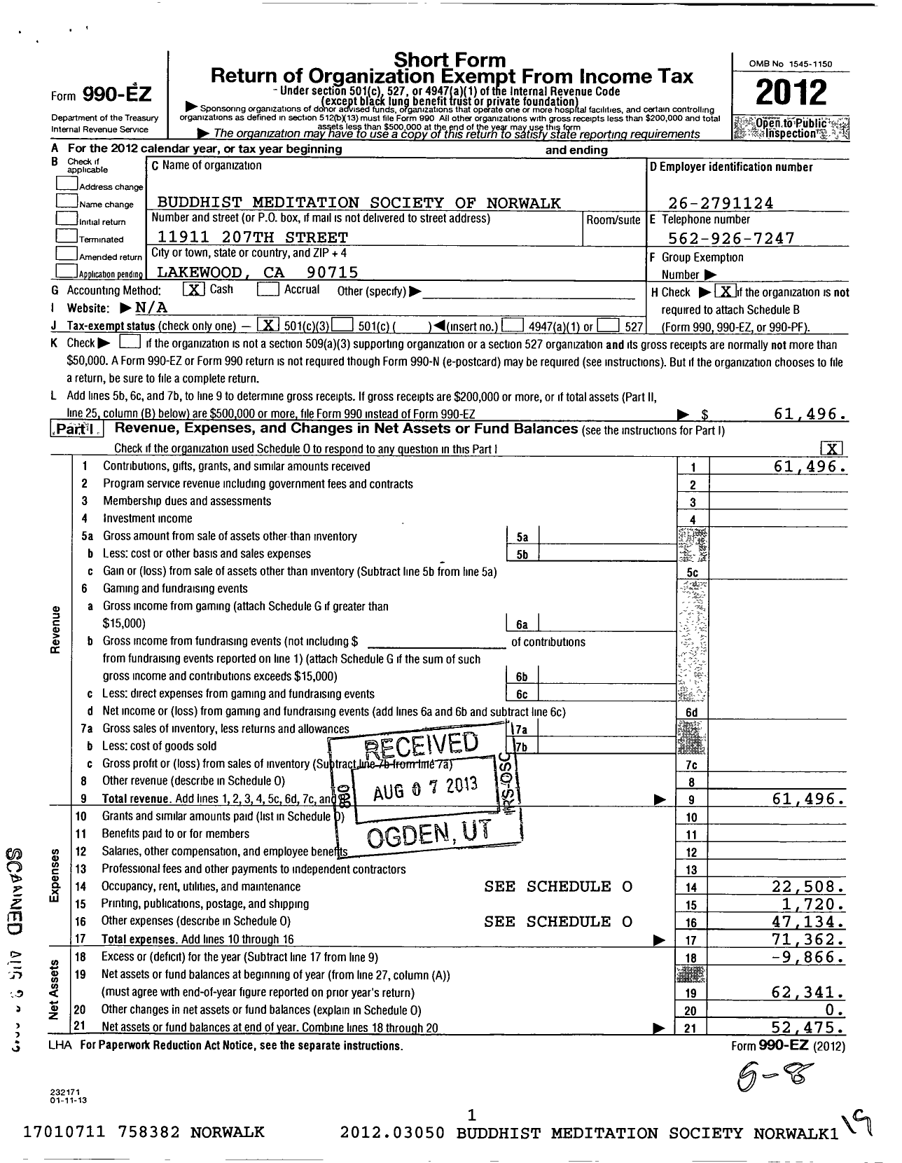 Image of first page of 2012 Form 990EZ for Buddhist Meditation Society of Norwalk